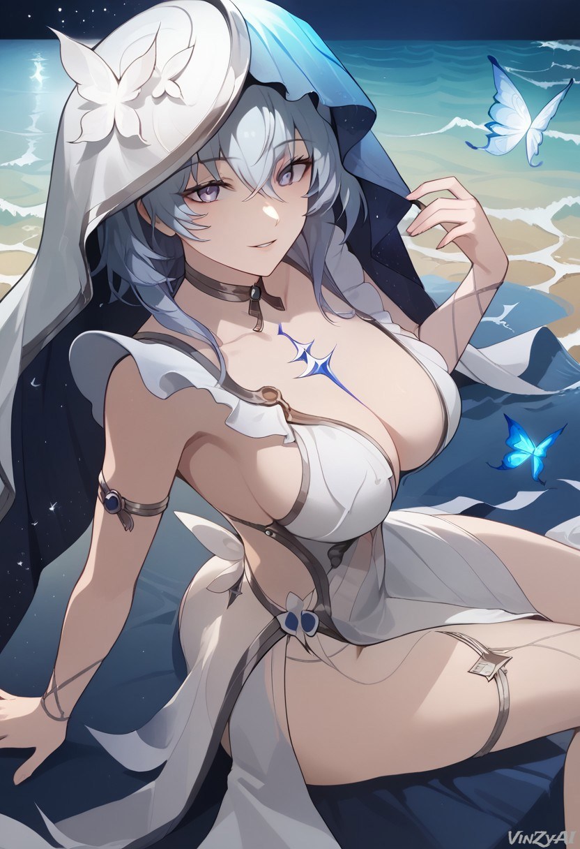 ai_generated beach big_breasts breasts cleavage cowboy_shot dress female hi_res long_hair looking_at_viewer smile the_shorekeeper_(wuthering_waves) thighs vinzyai wuthering_waves