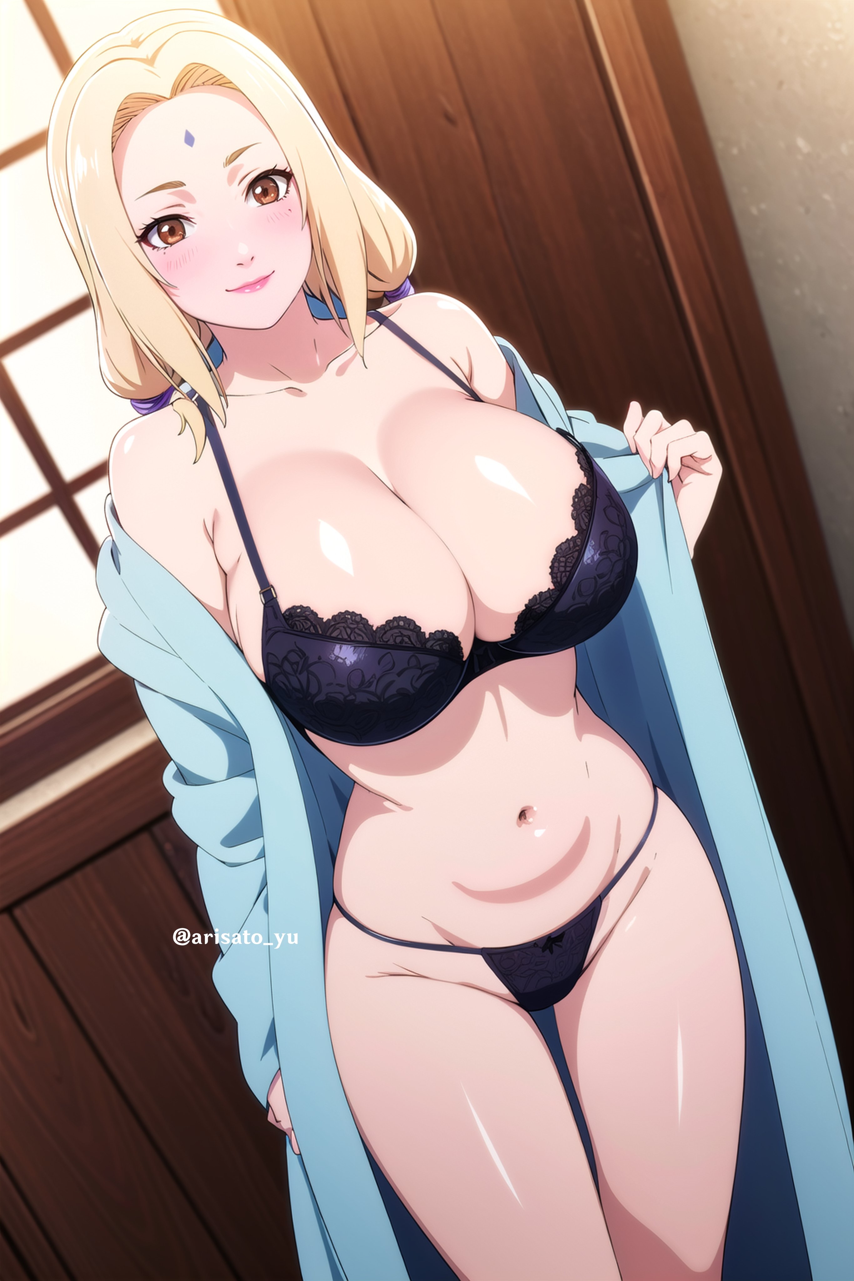 1girls, ai generated, arisato yu, big breasts, black lingerie, black underwear, blonde hair, breasts, female, female only, lingerie, naruto, naruto (series), tsunade, underwear