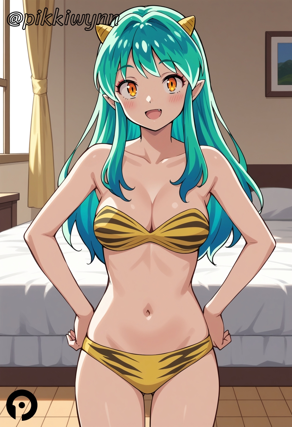 :d ai_generated animal_print bed bikini blush breasts cleavage collarbone cowboy_shot curtains female green_hair hands_on_hips horns indoors long_hair looking_at_viewer lum medium_breasts navel oerba_yun_fang oni oni_horns open_mouth orange_eyes pikkiwynn pointy_ears print_bikini smile solo strapless strapless_bikini swimsuit tiger_print urusei_yatsura window yellow_bikini yellow_eyes