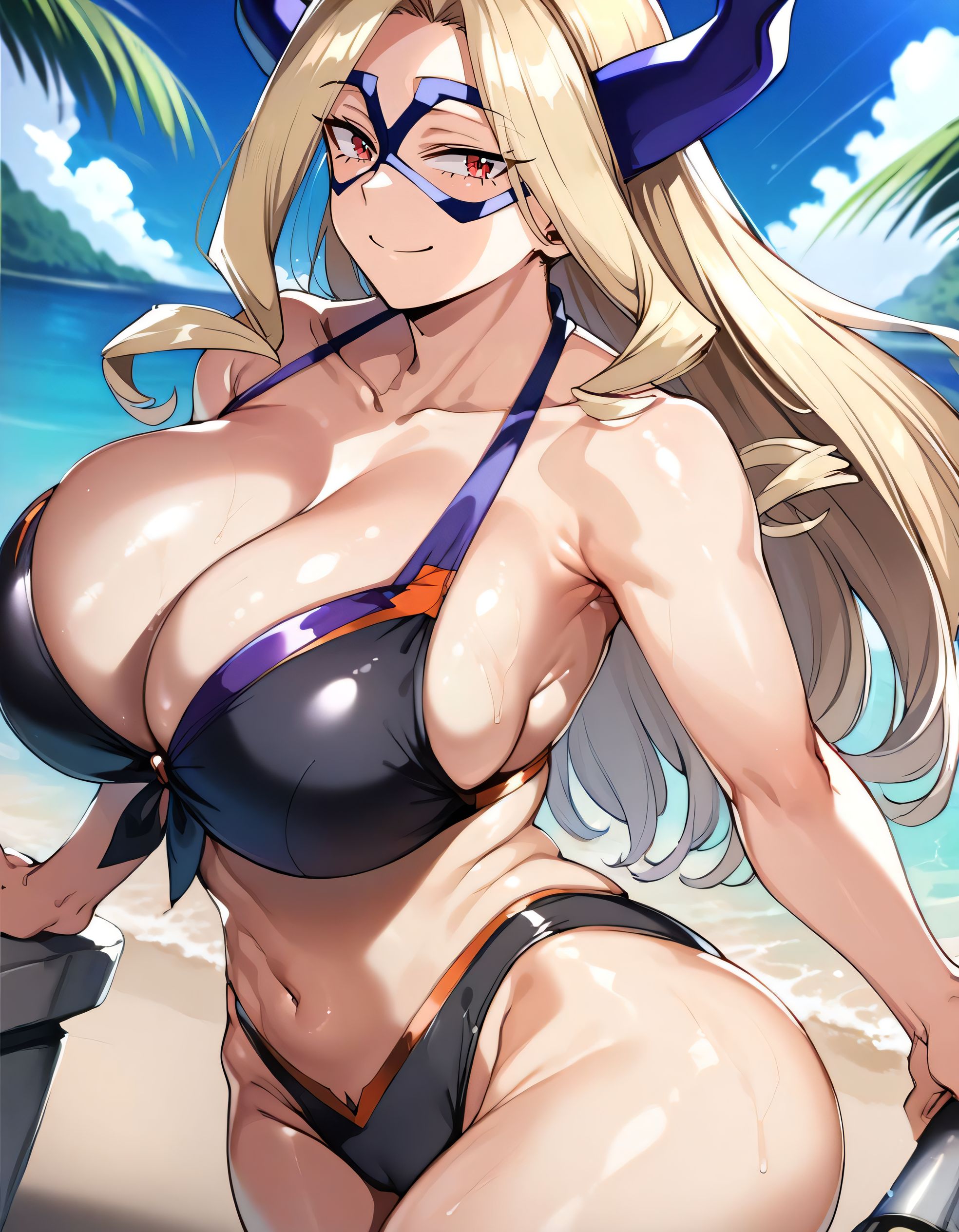 1girls, ai generated, alternate breast size, beach, big breasts, bikini, breasts, busty, curvaceous, curvy, curvy body, curvy female, curvy figure, female, huge breasts, large breasts, mount lady, my hero academia, outdoors, solo, sweat, sweating, sweaty, sweaty body, sweaty breasts, thick thighs, thighs, venus body, voluptuous, water, yuu takeyama