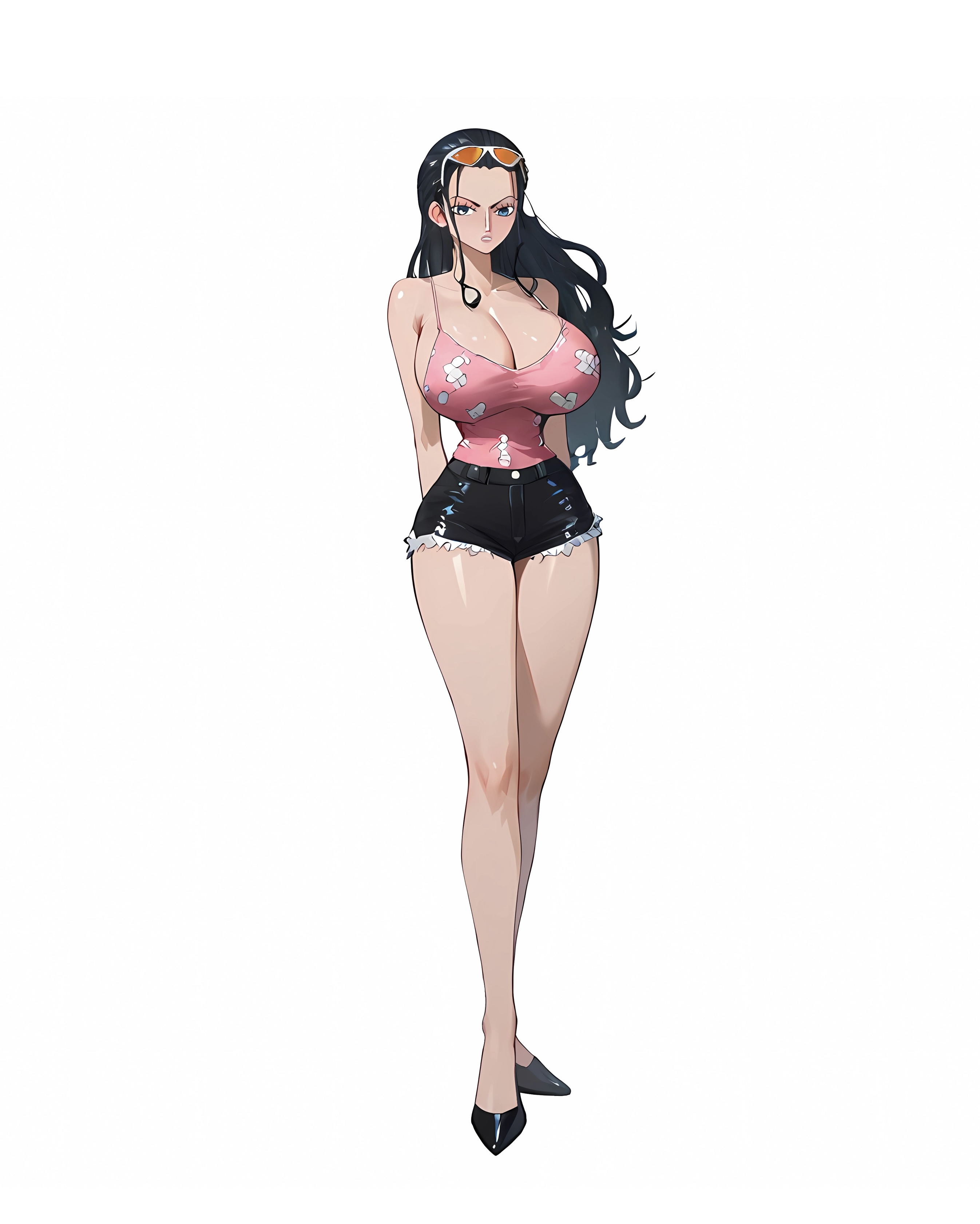 1girls, ai generated, big breasts, breasts, clothing, curvy figure, dark hair, female, female only, huge breasts, long hair, marshalperv, nico robin, one piece, pervmarshal, shorts, solo, sunglasses, sunglasses on head, thick thighs
