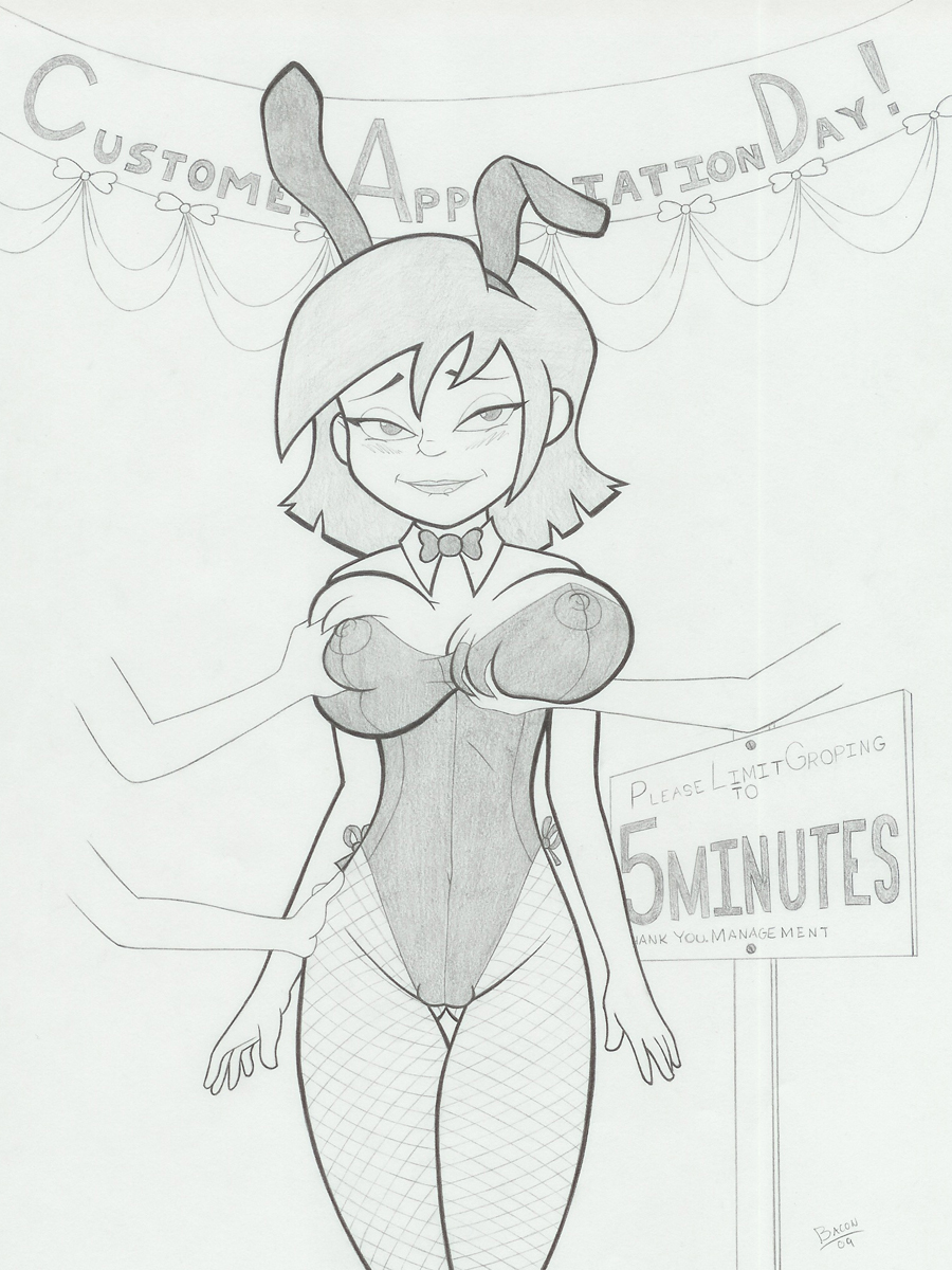 2009 blush breasts bunny_ear bunny_suit catsprin disembodied_hands erect_nipples erin_esurance esurance fishnets mascot monochrome nipples roger_bacon white_background