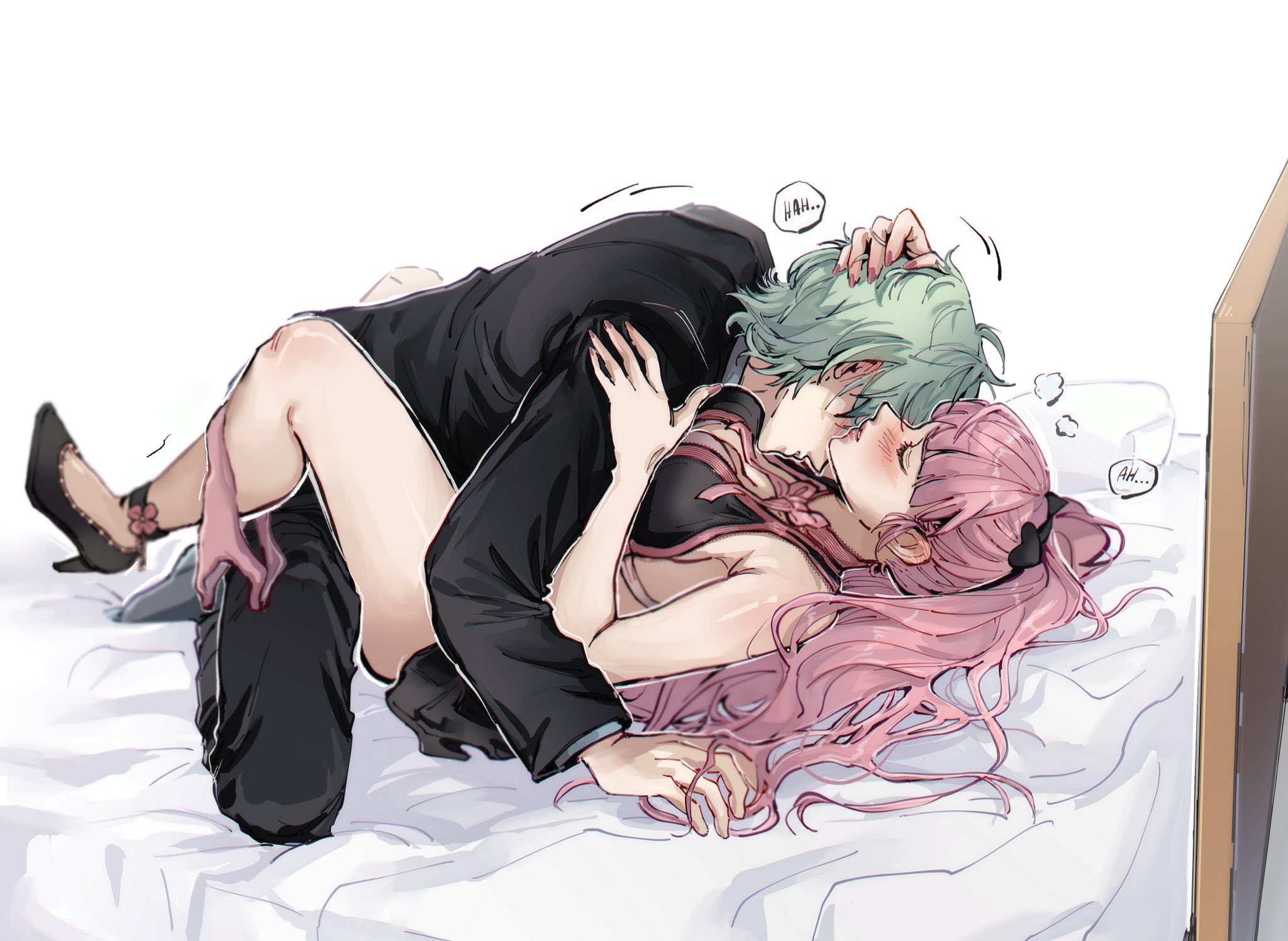1boy, 1girls, byleth (fire emblem), byleth (fire emblem) (male), commission, female, fire emblem, fire emblem: three houses, high heels, hilda valentine goneril, implied sex, kissing, male, mating press, nintendo, panties, panties around leg, perlmuttt, pink hair, pudelmudel