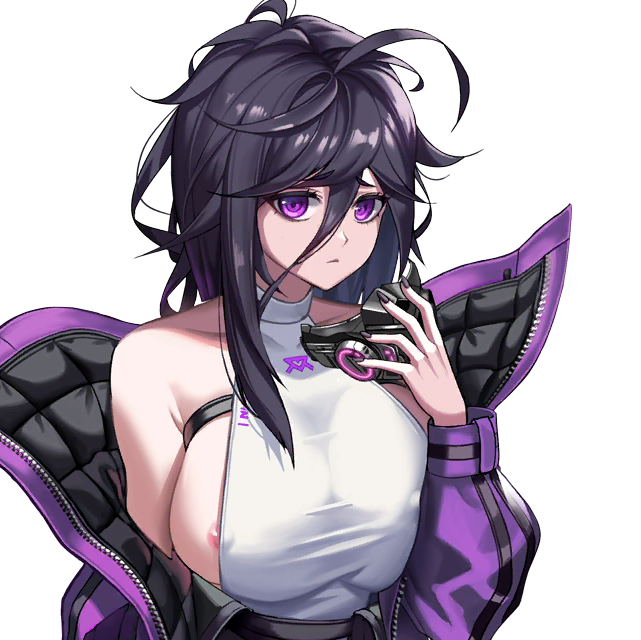 areola_bulge areola_slip areolae arm_on_breast bare_shoulders big_breasts black_hair black_nails color d-log eyebrows_visible_through_hair female female_focus female_only game_cg hair_between_eyes hair_tuft hela_(last_origin) jacket jacket_off_shoulders last_origin long_hair looking_at_viewer mask mask_off mask_removed messy_hair nail_polish open_jacket purple_eyes purple_jacket revealing_clothes skimpy skimpy_clothes sleeveless tight_clothing transparent_background upper_body