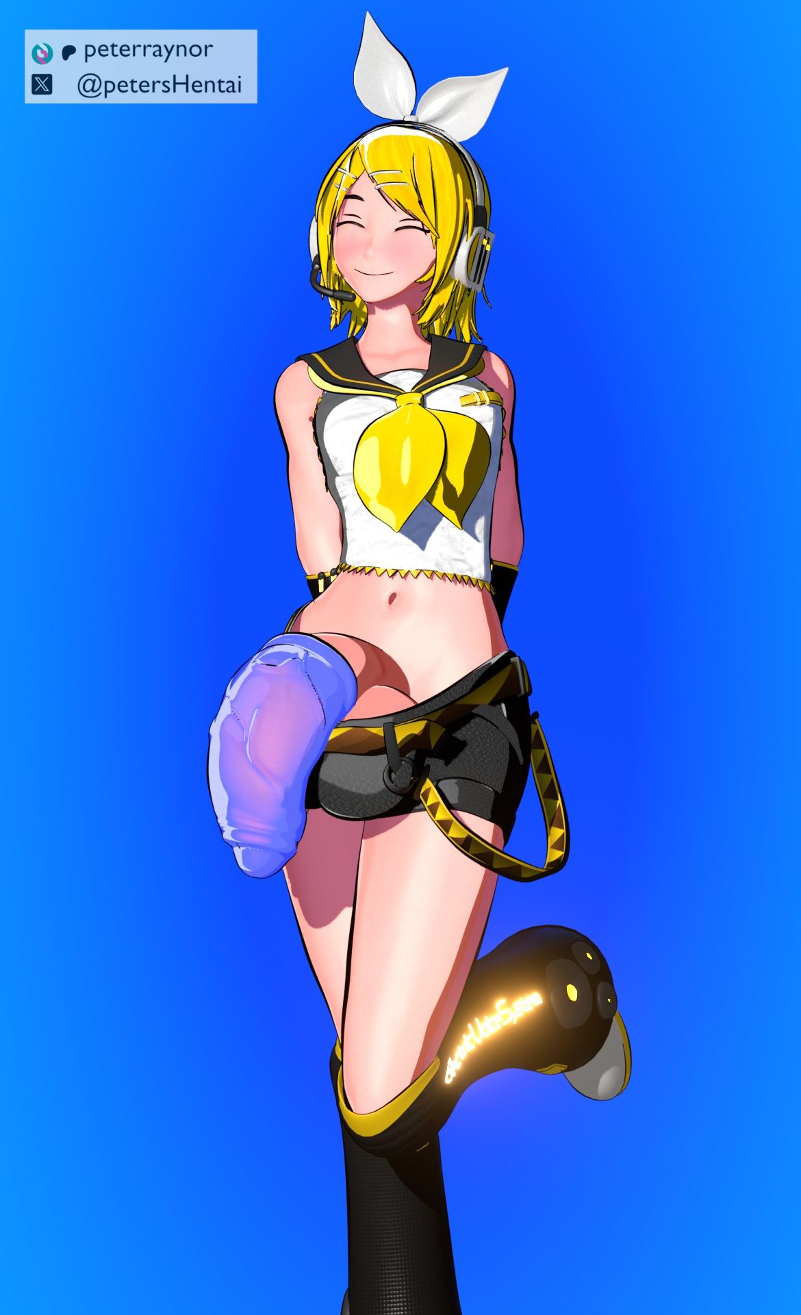 3d 3d_(artwork) balls big_balls big_penis blonde_hair condom condom_on_penis futanari huge_balls huge_cock kagamine_rin penis peterraynor self_upload shirt short_pants solo vocaloid