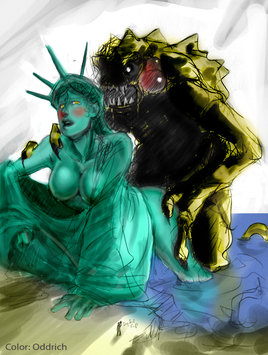 1boy 1girl cloverfield female male oddrich sex statue_of_liberty tagme