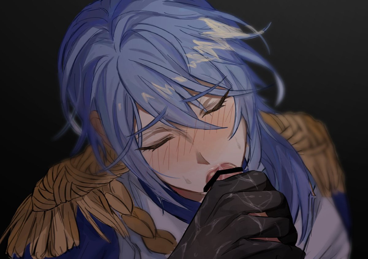 1boy aiguillette arm_up bar_censor black_background black_gloves blue_capelet blue_hair blush capelet censored closed_eyes commentary cum cum_in_mouth cum_on_gloves curled_fingers edmond_(nu:_carnival) epaulettes fellatio gloved_handjob gloves hair_between_eyes handjob holding jacket long_hair male_focus nu:_carnival ohvq oral pov pov_crotch simple_background solo sweat sweatdrop upper_body white_jacket yaoi