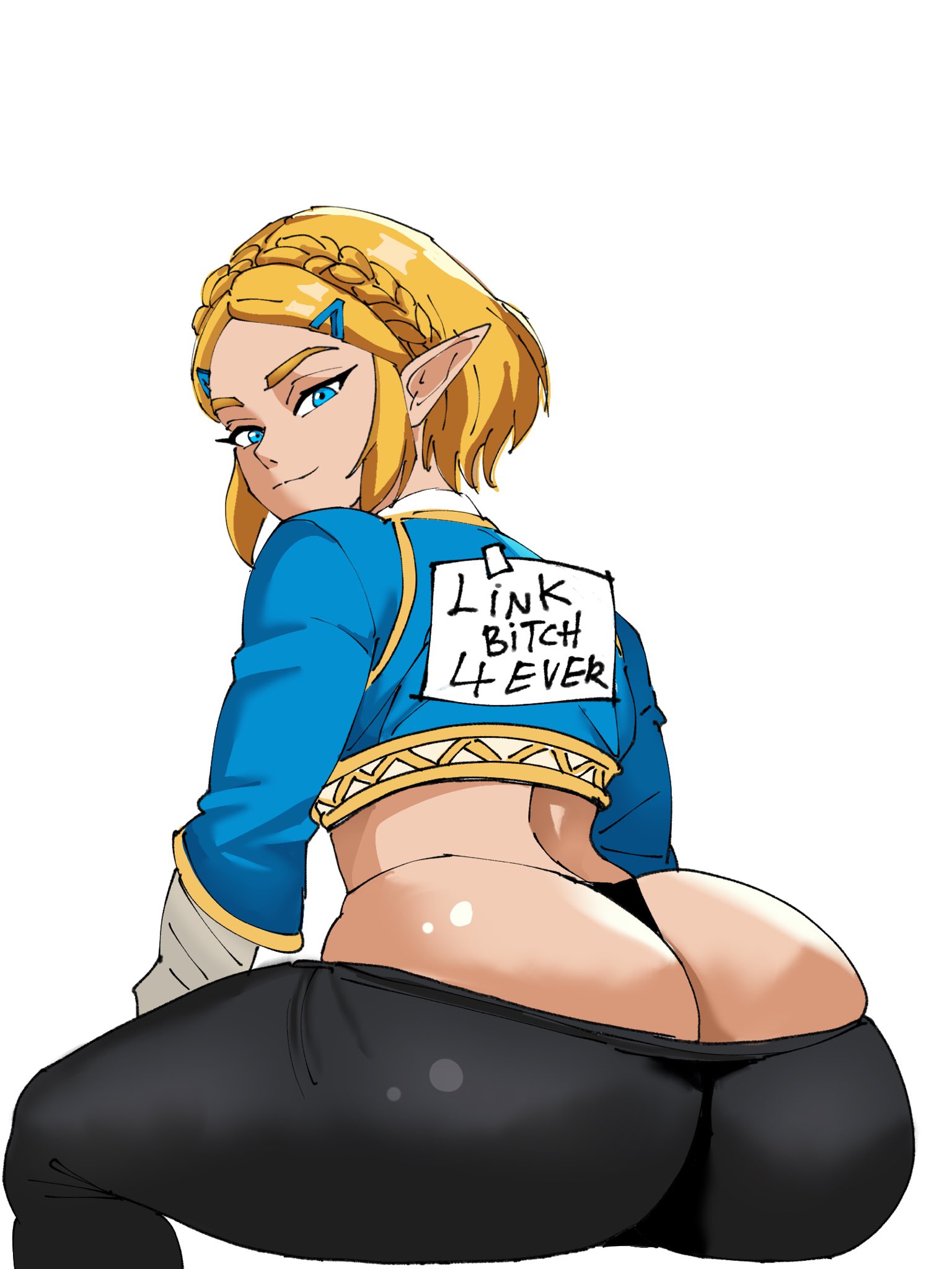 1girls, artist request, ass, ass cleavage, ass focus, breath of the wild, captain tai, female, female only, large ass, looking at viewer, looking back, princess zelda, solo, solo female, tears of the kingdom, the legend of zelda, thong, white background, zelda (tears of the kingdom)