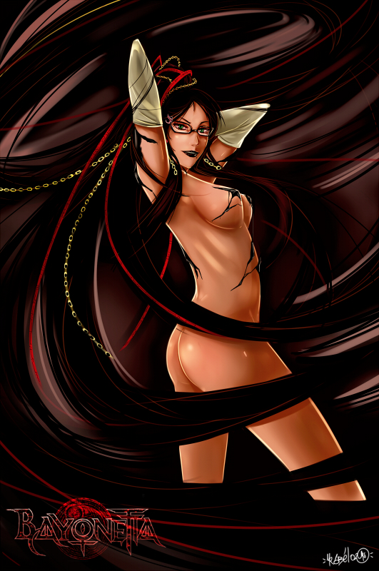 arms_behind_head ass bayonetta bayonetta_(character) black_hair glasses hands_behind_head lipstick long_hair makeup nude sbel02 sega solo very_long_hair