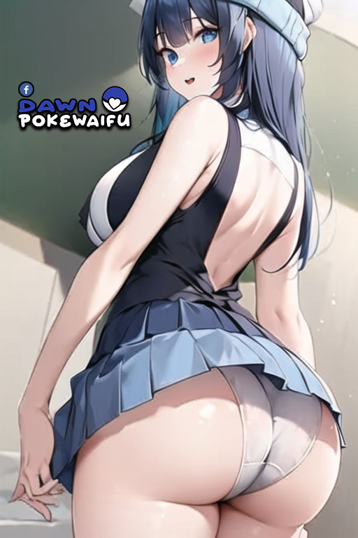 ai_generated ass ass_focus beanie behind_view big_ass big_butt blue_eyes blue_hair dawn_(pokemon) game_freak miniskirt nintendo panties pantyshot pokemon pokemon_bdsp pokemon_dppt thighs white_panties