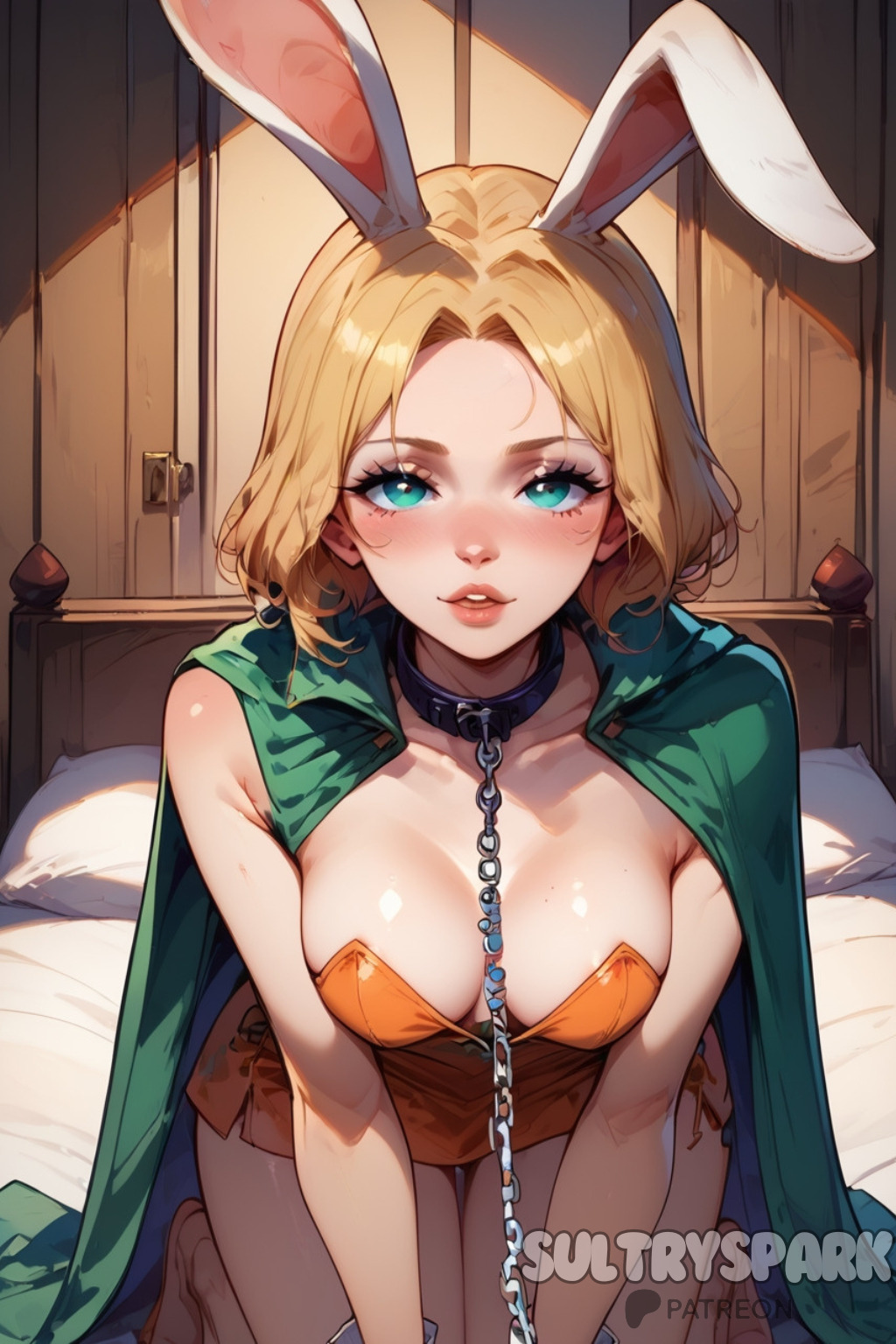 1girls ai_generated all_fours animal_ears artist_name bed bedroom blonde_female blonde_hair blonde_hair_female blue_eyes blush blushing_at_viewer breasts bunny bunny_ear bunny_ears bunny_girl bunnygirl carrot_(one_piece) cellphone chain_leash character chest collar female female_only futarush girl green_eyes humiliation indoor indoors leash leash_and_collar light-skinned_female light_skin looking_at_viewer medium_breasts one_piece patreon patreon_username rabbit_ears rabbit_girl strapless strapless_dress sultryspark video_game video_games