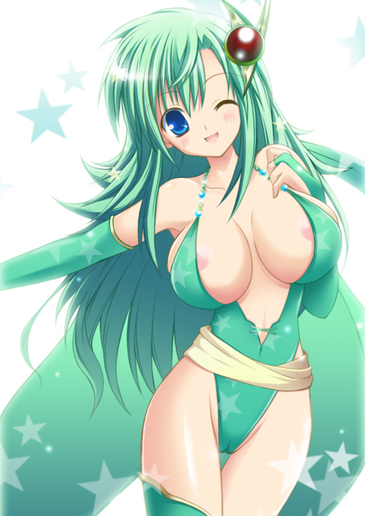 areolae blue_eyes breasts cameltoe cleavage detached_sleeves female female_only final_fantasy final_fantasy_iv green_hair hair_ornament human large_breasts nipple_slip nipples rydia solo star wink womi