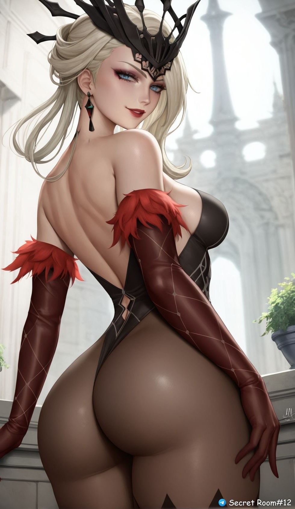 ai generated, ass, ass focus, big ass, blue eyes, female, genshin impact, gloves, secret room12, signora (genshin impact), stable diffusion, thighs