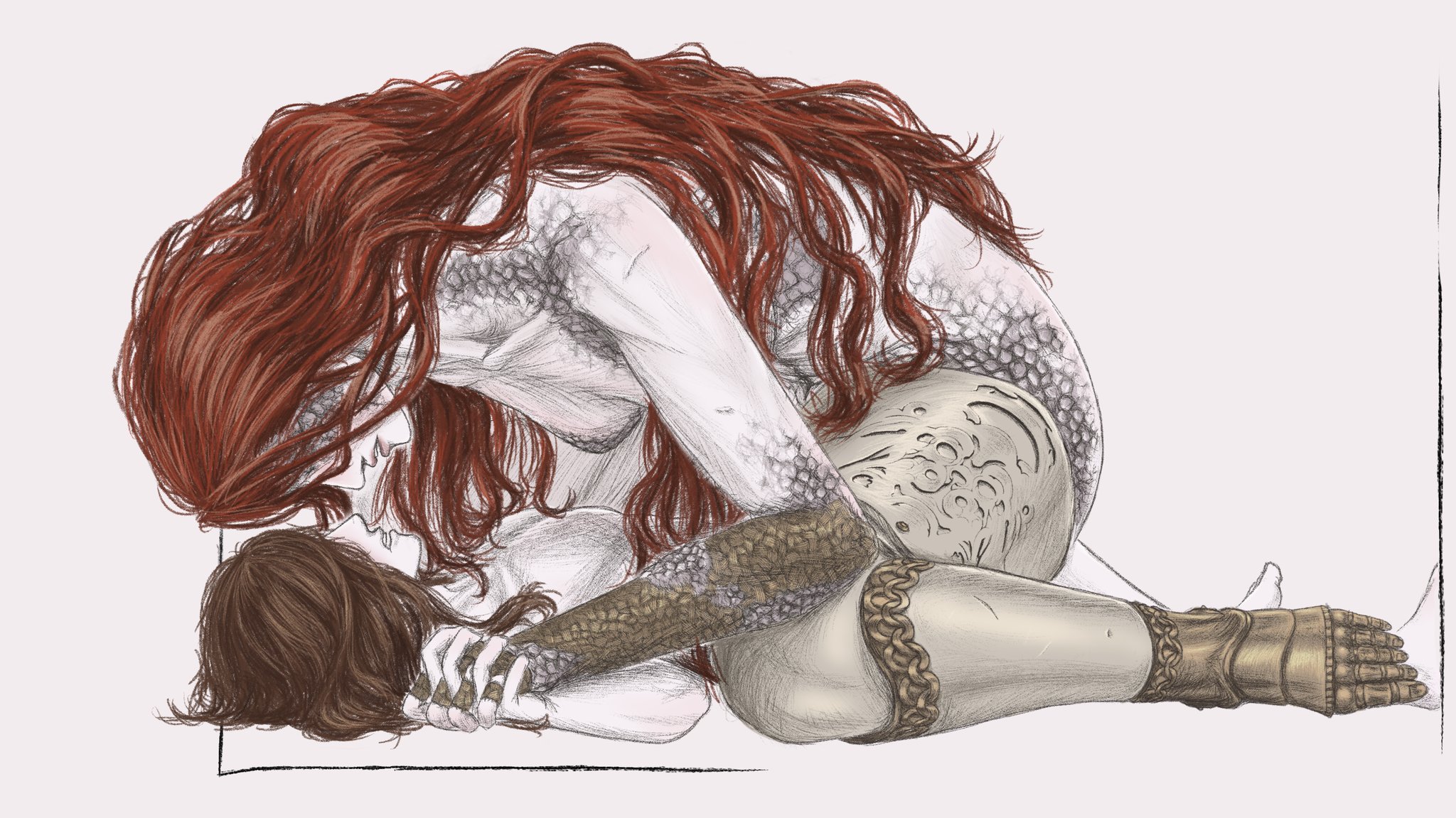 1boy, 1girls, barefoot, bigger female, elden ring, feet, female, female focus, femdom, fromsoftware, holding hands, implied sex, interlocked fingers, limited palette, male, malenia blade of miquella, nude, passionate, prosthesis, pyrokinesis96, scars all over, sitting on person, size difference, tarnished