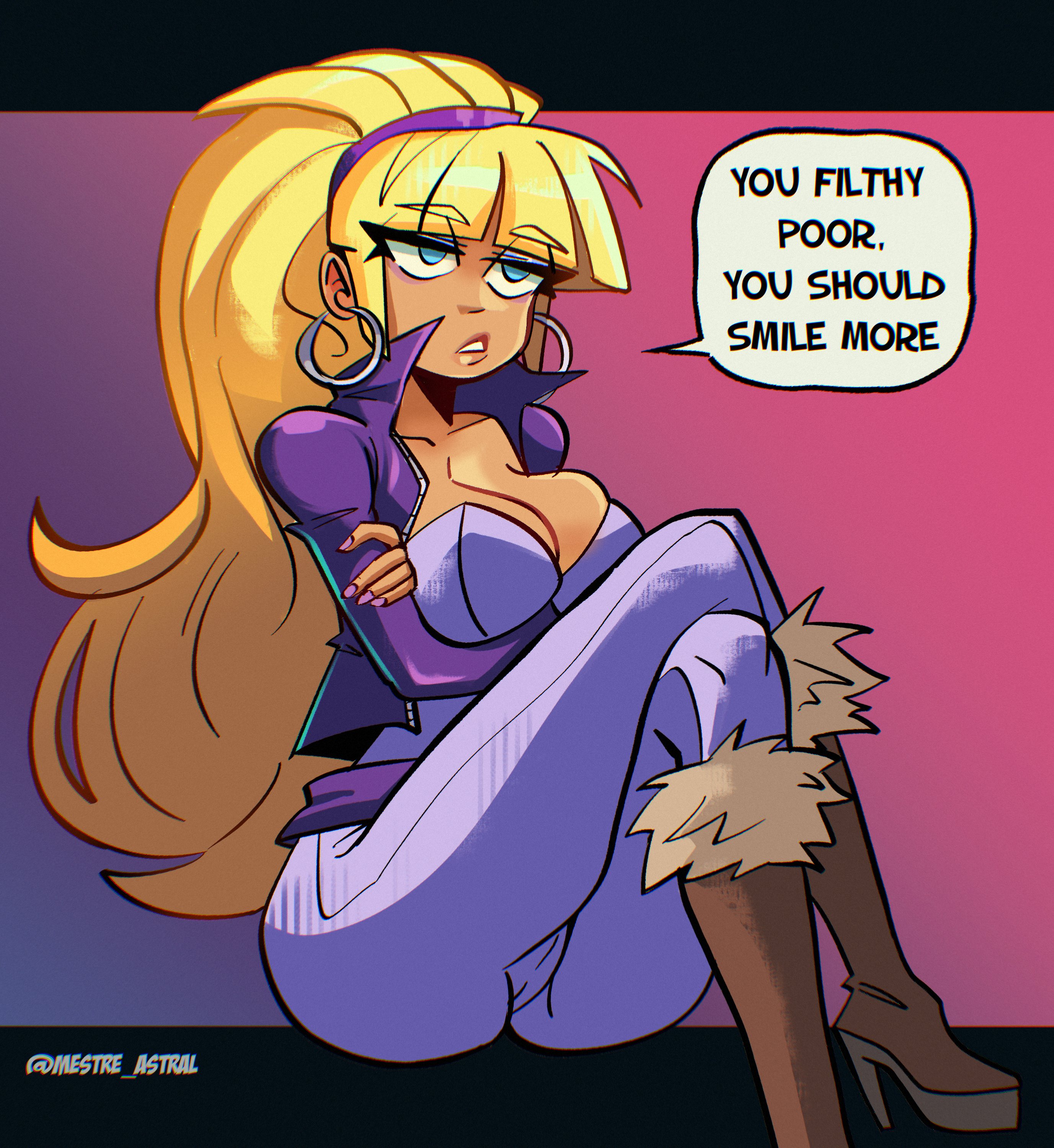1girls, aged up, bangs, belt, bending forward, big breasts, big hair, bigdad, blonde hair, blue eyes, blunt bangs, bodysuit, boots, bouffant, bouffant hair, breasts, catsuit, clothed, clothing, color, condescending, cropped jacket, crossed legs, curvy, darnact, disney, earrings, english, english text, enjoying, female, female focus, female only, full body, fur-trimmed boots, gravity falls, hairband, high heel boots, high heels, huge breasts, legs crossed, light skin, light-skinned female, long hair, long legs, looking at viewer, looking pleasured, mestre astral, no bra, pacifica northwest, pink background, pointing, pointing at viewer, posing, purple clothing, purple jacket, smile, solo, solo female, straight, tan body, tan-skinned female, tanline, tanlines, tease, teased hair, teasing, text, thick thighs, thin waist, very long hair, violet clothing, waist belt, waist grab, zipper, zipper down