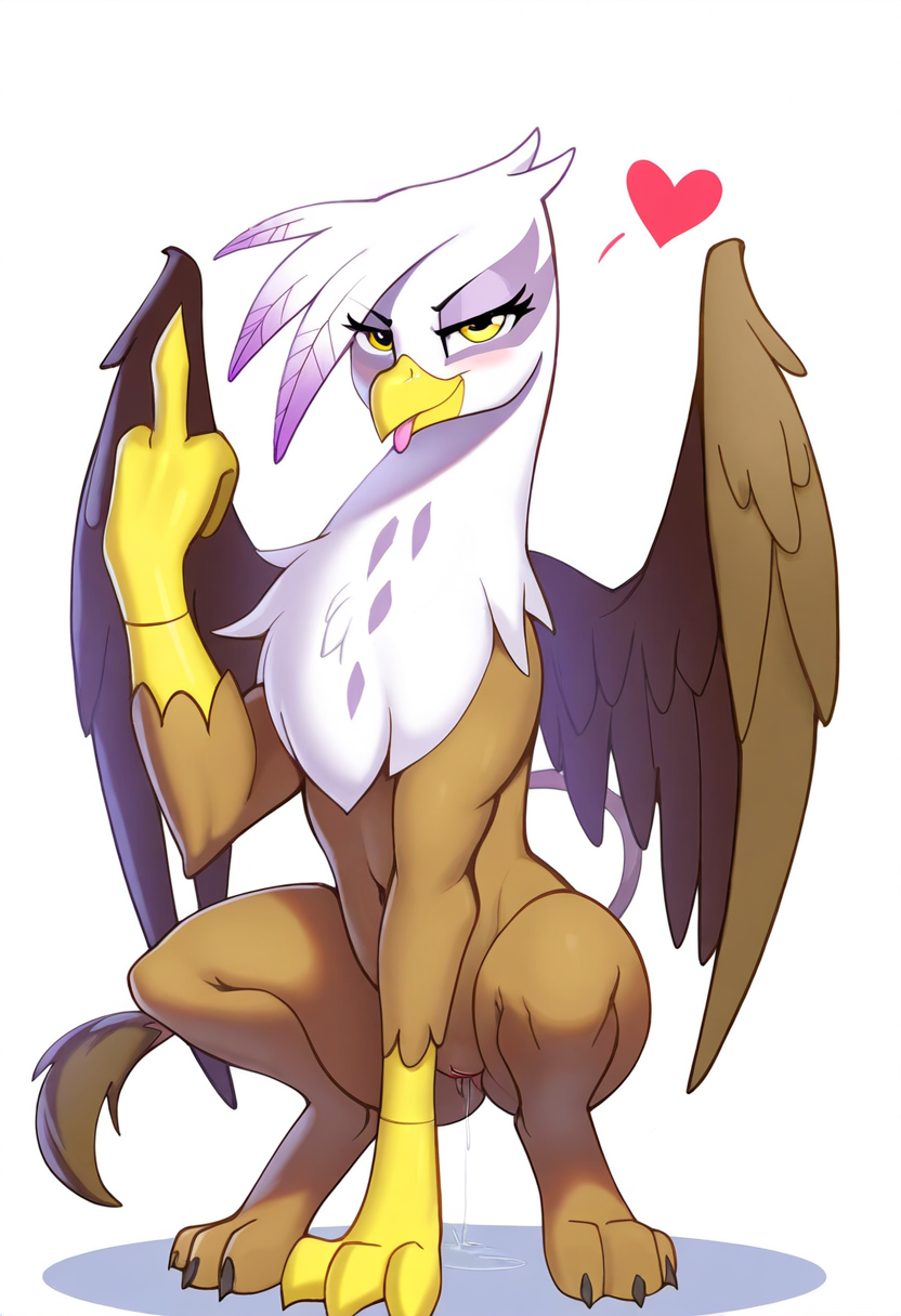 ai_generated beak brown_fur claws female feral fur gilda_(mlp) half-closed_eyes hand_on_floor heart middle_finger my_little_pony my_little_pony_friendship_is_magic novelai one_arm_up pussy pussy_juice pussy_juice_drip pussy_juice_puddle pussy_juice_trail quadruped simple_background smiling smirk solo solo_female squatting tail tail_poof tongue tongue_out uncensored white_feathers white_head wings yellow_beak yellow_eyes