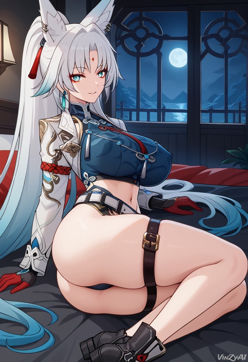 ai_generated big_breasts breasts cleavage cowboy_shot feixiao_(honkai:_star_rail) female hi_res honkai:_star_rail huge_breasts long_hair ponytail thick_thighs thighs vinzyai white_hair