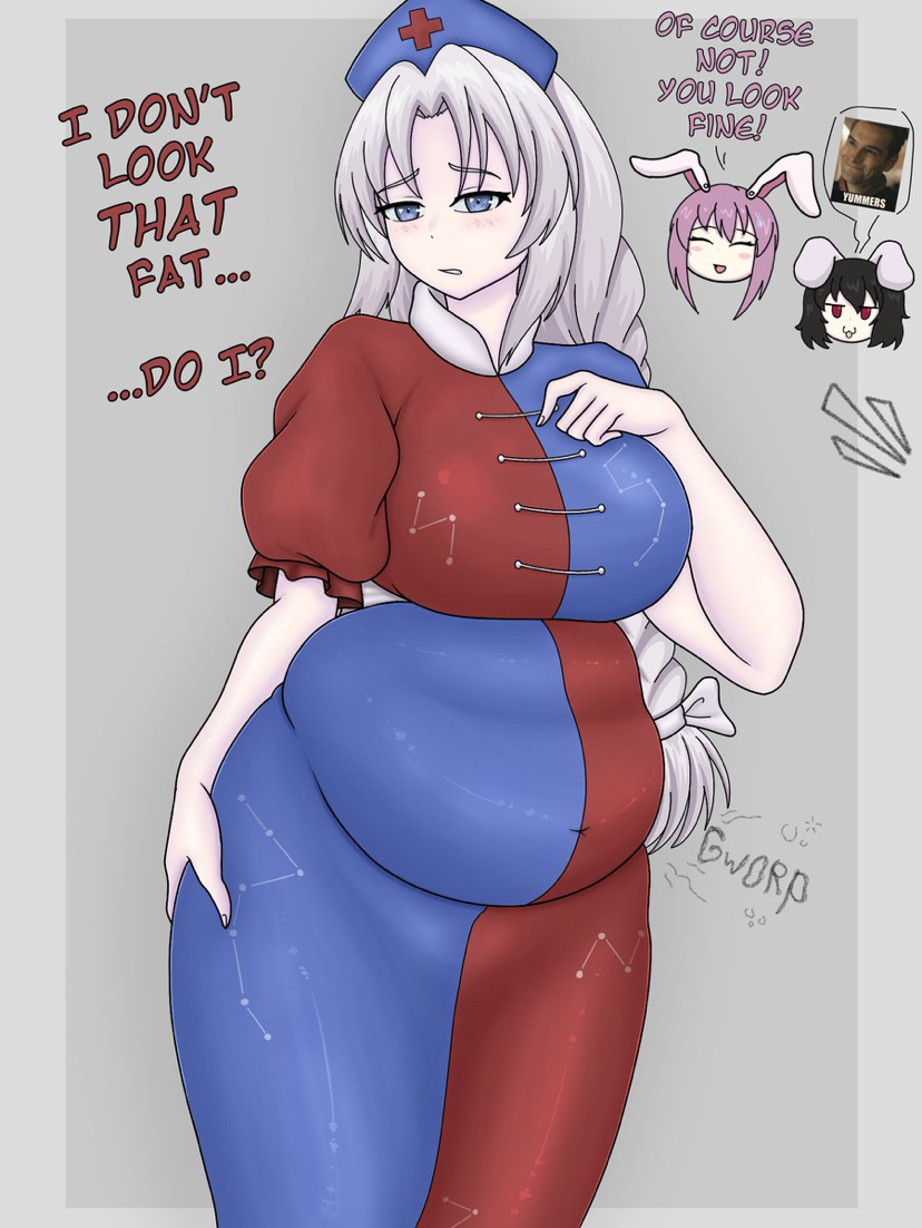 bbw belly_overhang big_belly big_female blush chubby chubby_female eirin_yagokoro embarrassed fat fat_ass fat_female fat_fetish fat_girl fat_woman fatty homelander large_female meme meme_reference obese obese_female overweight overweight_female pig plump pork_chop reisen_udongein_inaba tewi_inaba the_boys thick_thighs touhou tubby weight_gain yummers