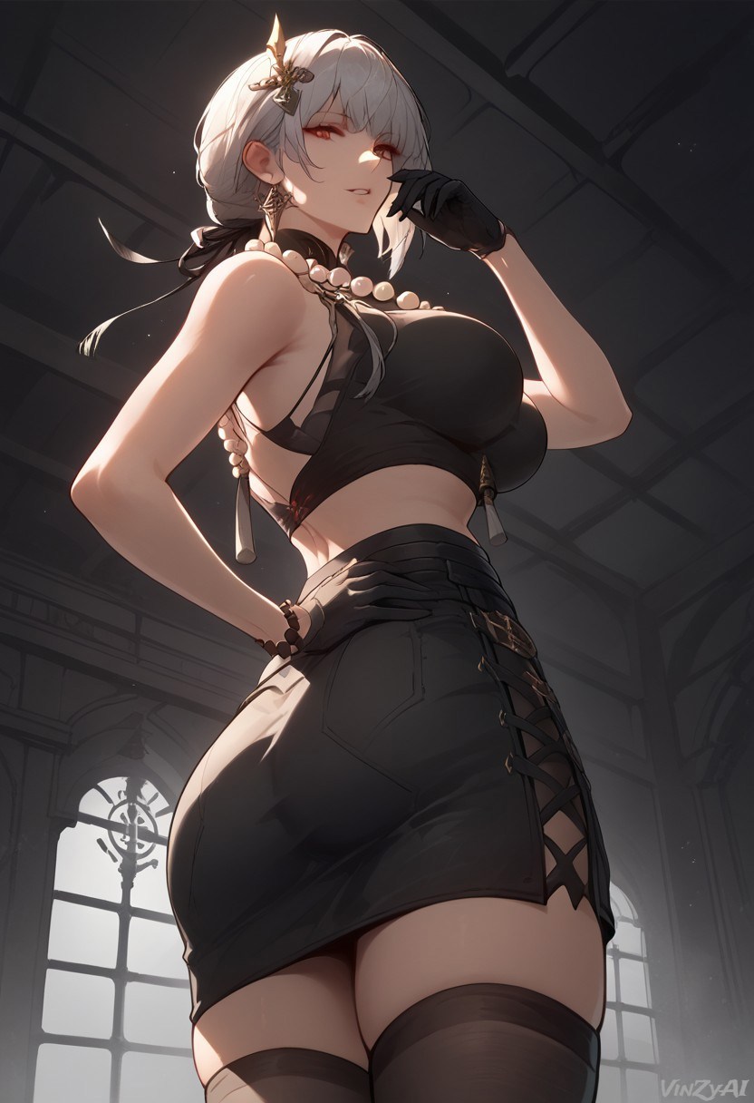 ai_generated big_breasts breasts cleavage cowboy_shot dress female hi_res sanhua_(wuthering_waves) short_hair smile thick_thighs thighs vinzyai wuthering_waves