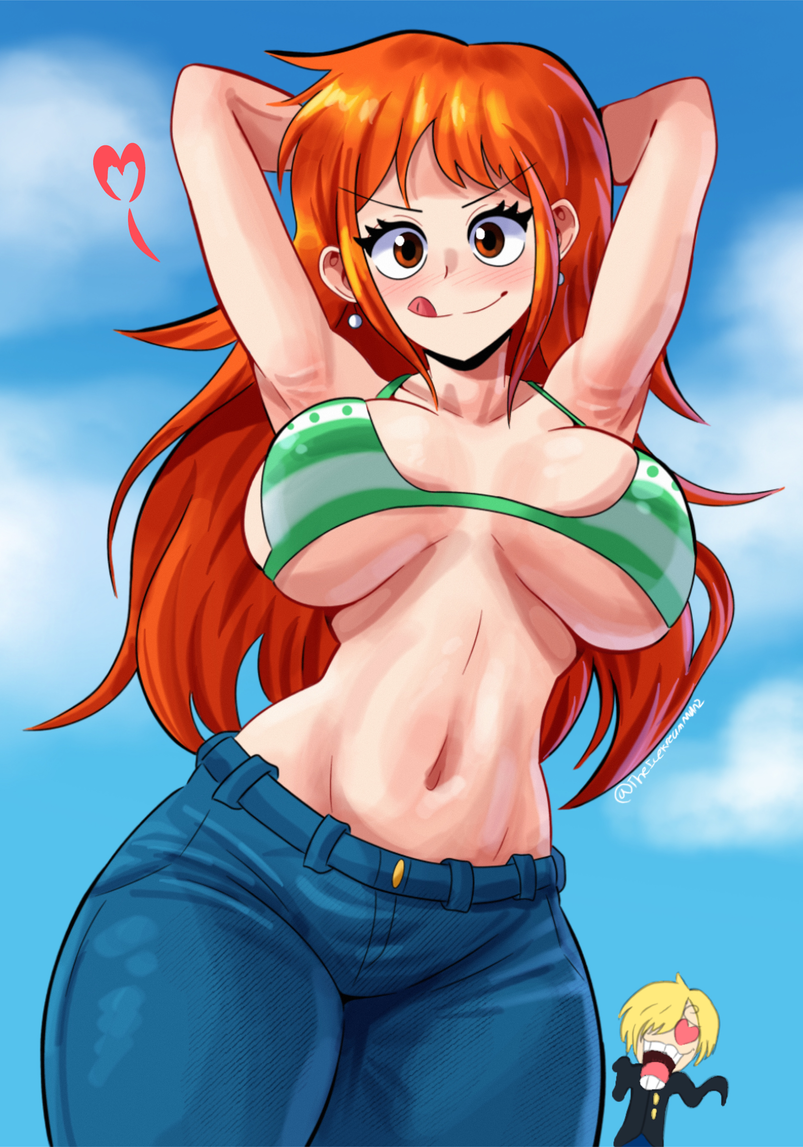 armpits big_breasts bikini blue_jeans female green_bikini hands_behind_head jeans long_hair male nami nami_(one_piece) one_piece orange_hair post-timeskip sticking_out_tongue stomach striped_bikini theicekreammanz time_skip tongue_out vinsmoke_sanji