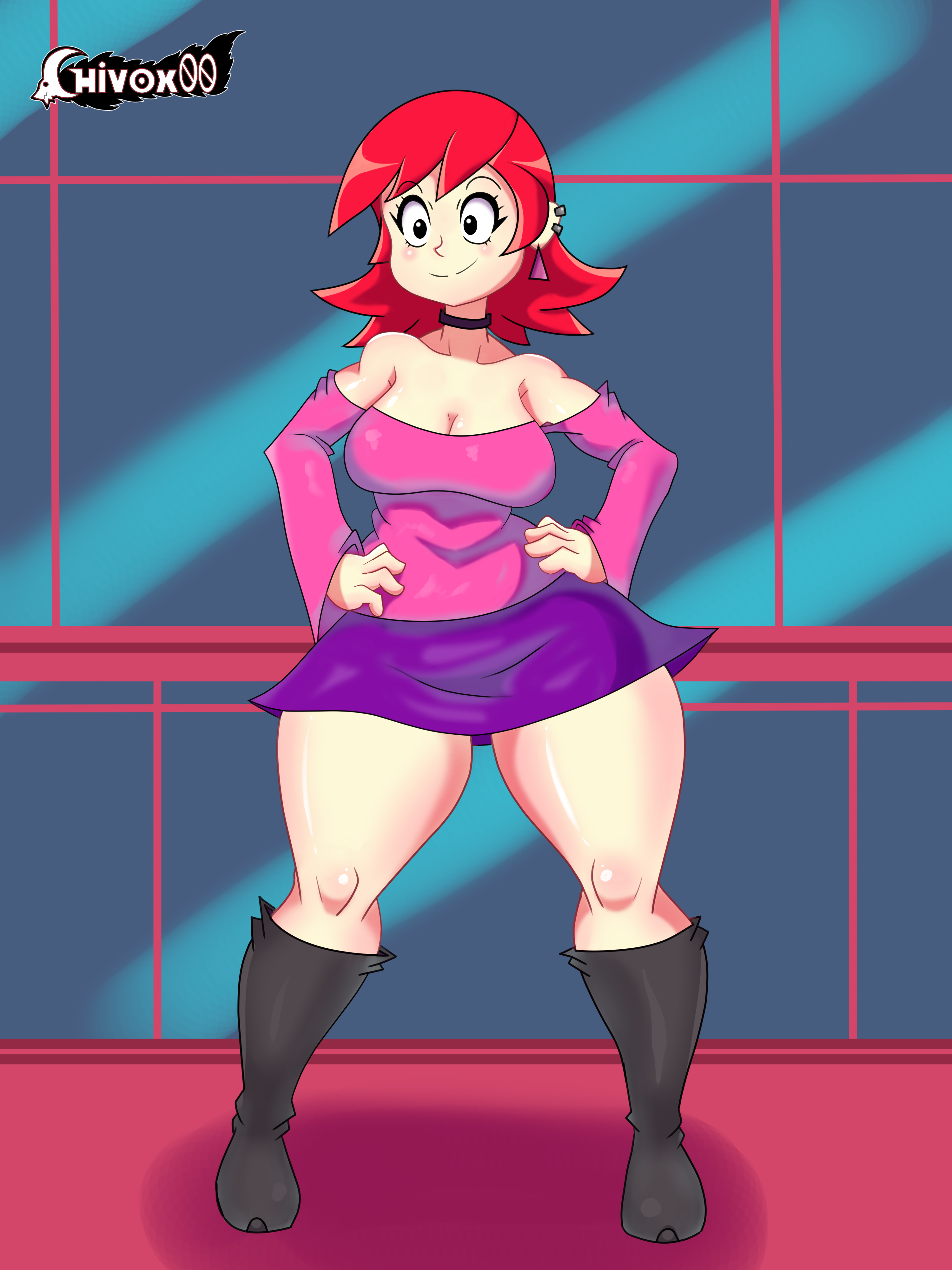 big breasts, breasts, cartoon network, chivox00, choker, female, foster's home for imaginary friends, frankie foster, miniskirt, red hair, smile, smiling, thick thighs, wide hips