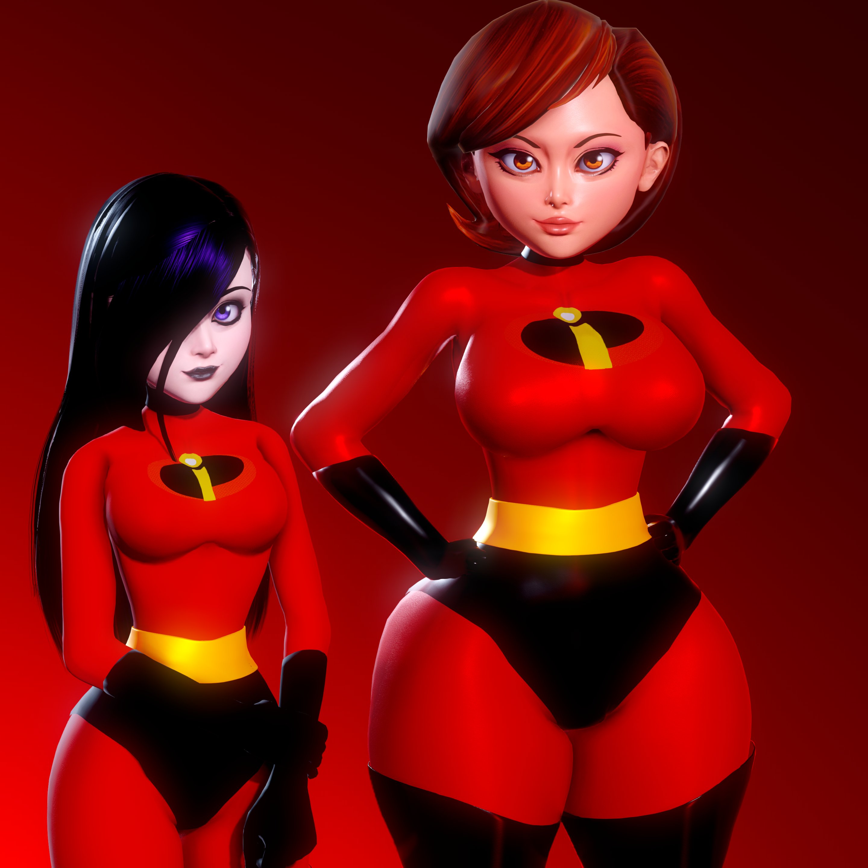 2girls, 3d, 3d (artwork), armwear, ass, breasts, clothing, disney, elastigirl, female, female only, footwear, goth, goth girl, gothic, hair covering eye, hand on hip, handwear, helen parr, huge ass, huge breasts, large ass, legwear, looking at viewer, milf, mother and daughter, pixar, prevence, smooth skin, superheroine, the incredibles, violet parr, wide hips