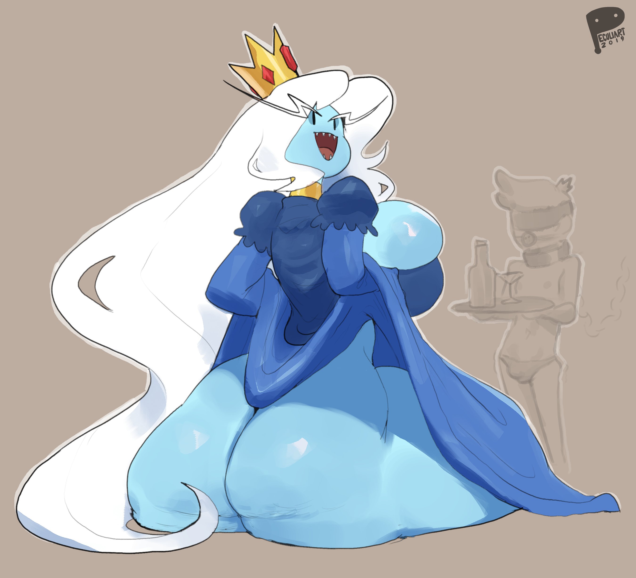 2019, adventure time, ass, big ass, blue skin, breasts, canon genderswap, crown, female, female focus, genderswap, ice queen (adventure time), lifting skirt, looking at viewer, looking back, peculiart, rule 63, sideboob, sitting, solo focus, white hair