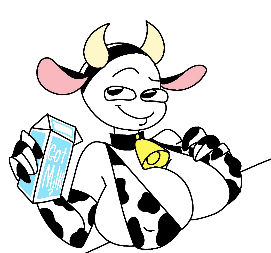 anthro bell_collar cow_bikini cow_horns cow_print dreamworks_face female female_only flurk got_milk hand_on_breast huge_breasts milk_carton resting_breasts simple_background solo source_request stickman stonetoss unknown_artist white_background