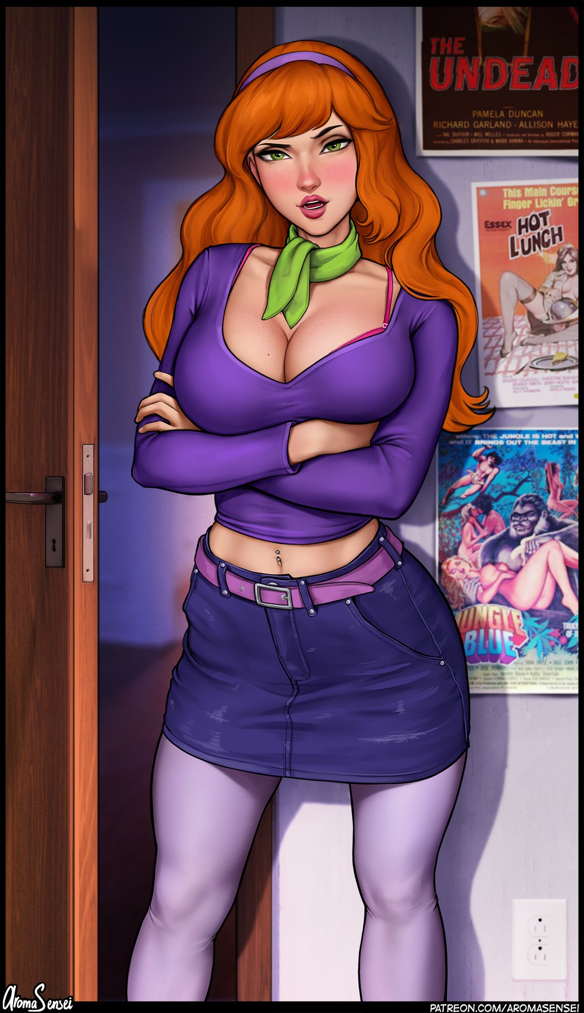 1girls, alternate version available, arms crossed, arms crossed under breasts, aroma sensei, beauty mark, big breasts, bra, breasts, busty, cleavage, clothed, clothing, daphne blake, female, female focus, female only, fully clothed, green eyes, hanna-barbera, legs, legwear, lips, long hair, midriff, mole on breast, orange hair, piercing, pose, scooby-doo, short hair, skirt, solo, thick lips, thick thighs, thighhighs, thighs, wide hips