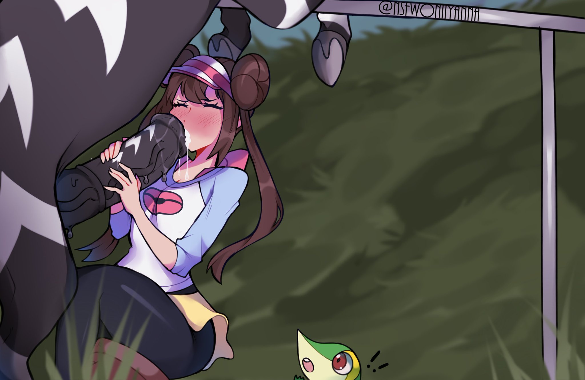 1boy, 1girls, 2pokemon, animal penis, blue eyes, blush, brown hair, double bun, female, female human, grass, horse, horse penis, horsecock, huge cock, human, interspecies, large penis, male, male pokemon, male pokemon/female human, male/female, nintendo, oniiyanna, outside, penis, pokemon, pokemon (species), pokemon bw2, pokephilia, rosa (pokemon), snivy, visor cap, zebstrika, zoophilia