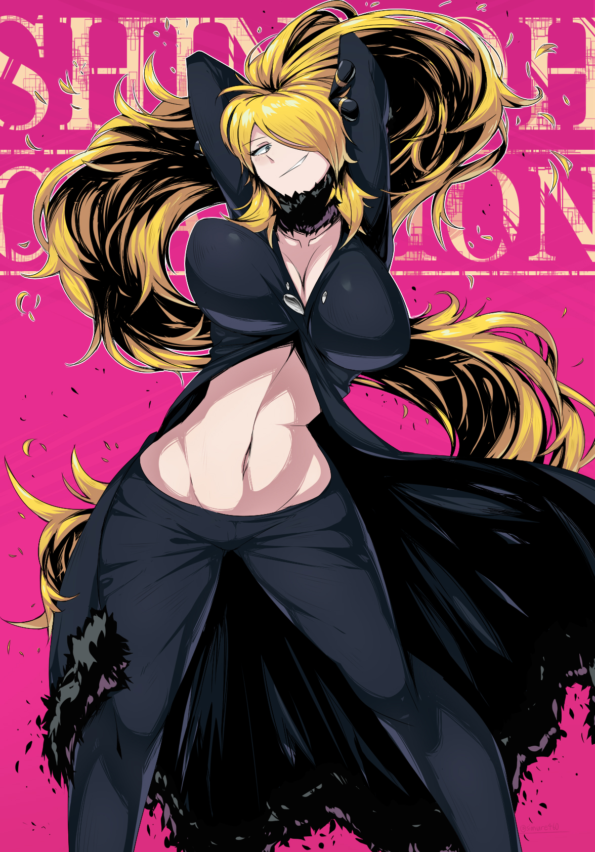 1girls, 2021, bare midriff, belly button, big breasts, blonde hair, bouncing breasts, breasts, cleavage, cynthia (pokemon), female, female only, hair over one eye, horny, long hair, pokemon, pokemon champion, shimure (460), solo, solo female, thigh gap