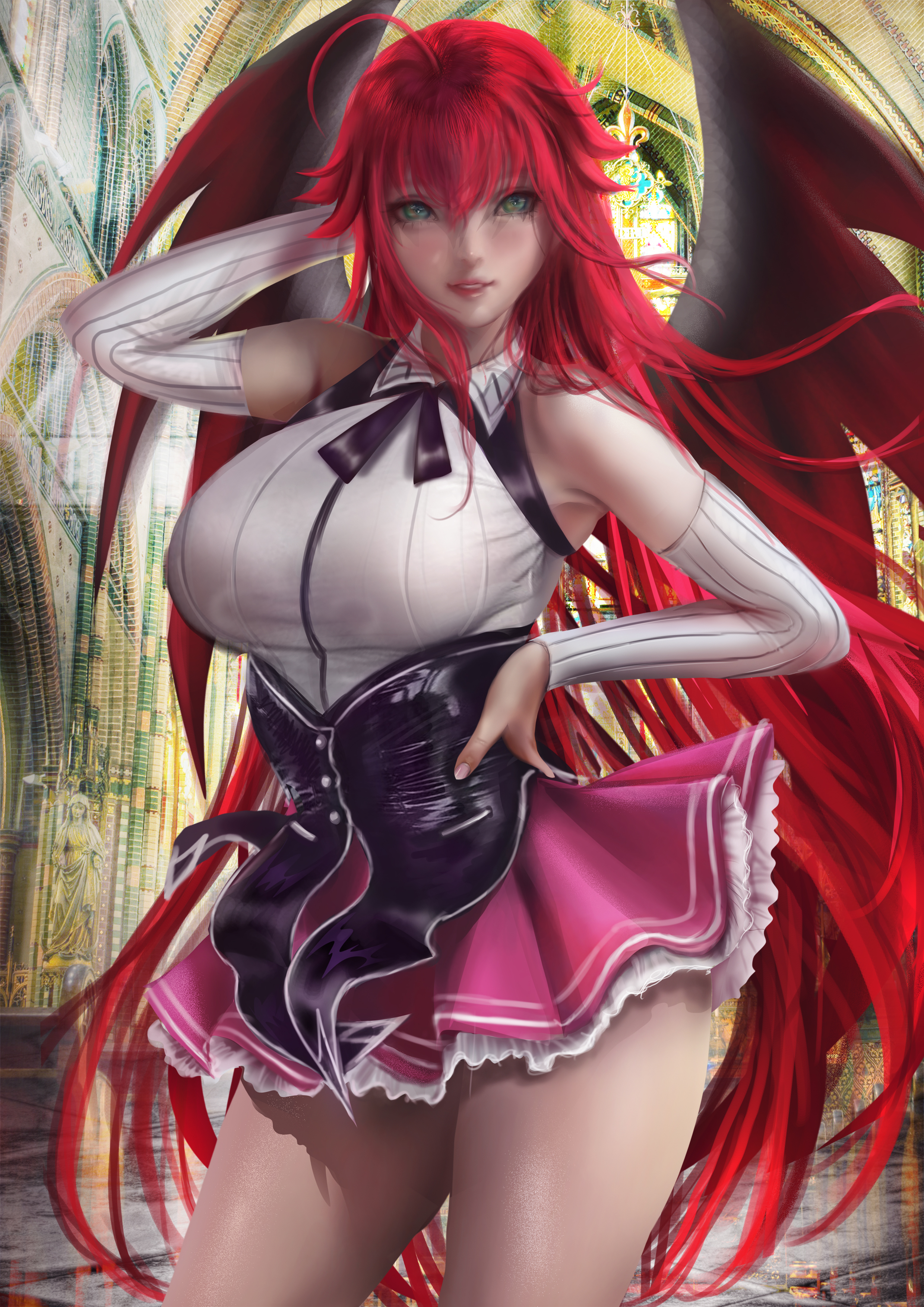 1girls, alternate version available, arm behind head, arm up, blush, breasts, church, demon, demon girl, demon wings, detached sleeves, donyta, eyebrows, female, female focus, female only, flustered, green eyes, hair between eyes, hair over shoulder, hand on own waist, hand on waist, high resolution, high school dxd, highres, indoors, large breasts, lips, long hair, long sleeves, looking at viewer, nail polish, one arm up, pleated skirt, red hair, rias gremory, school uniform, schoolgirl, skirt, solo, teeth, thick thighs, thighs, tie, very long hair, wide hips, wings