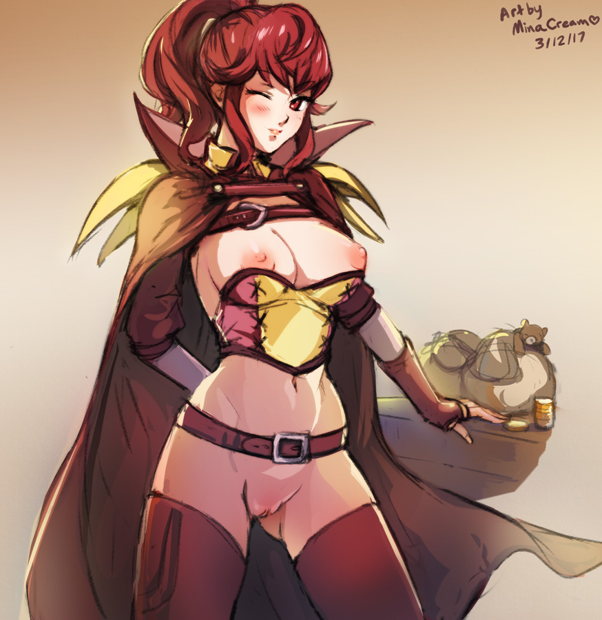 10s, 1girls, 2017, alternate version available, anna (fire emblem awakening), anna (fire emblem), arm support, artist name, belt, blush, breasts, breasts out, bustier, cape, corset, female, fingerless gloves, fire emblem, fire emblem awakening, gloves, gold, high collar, long hair, minacream, money, nail polish, nipples, one eye closed, partially clothed, ponytail, pussy, red eyes, red hair, red legwear, red nails, smile, solo, solo female, teddy bear, thighhighs, wink