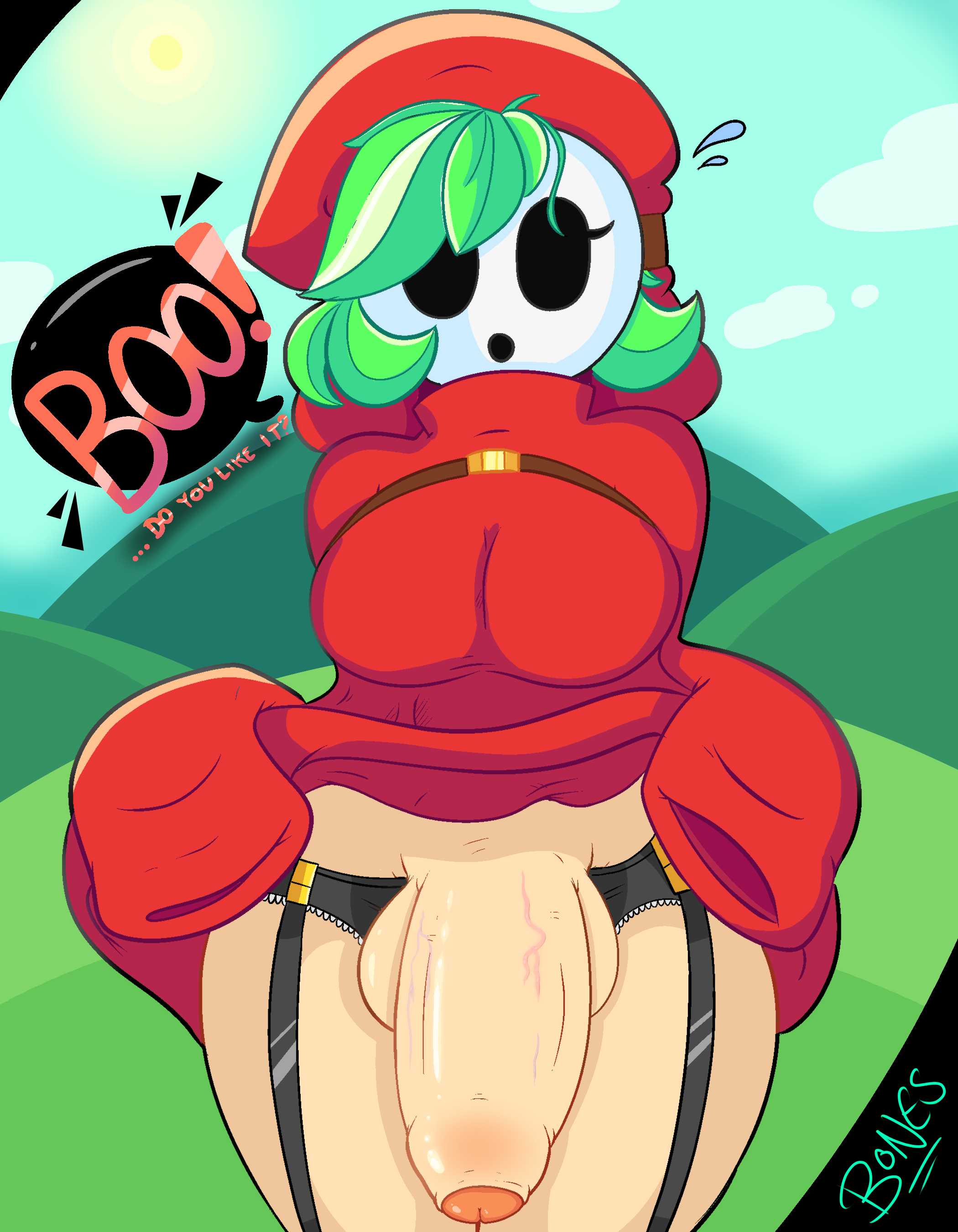 1futa, balls, big penis, bigbonesart, breasts, clothed, clothing, dialogue, dress, dress lift, foreskin, futa only, futanari, garter belt, garter straps, green hair, hoodie, huge cock, human, intersex, kneehighs, lesbian pride colors, lifting skirt, light skin, mario (series), mask, nintendo, outdoors, pale skin, penis, shy, shy gal, skirt, skirt lift, sky, solo, standing, teasing, testicles, text, text bubble, thighs, uncircumcised