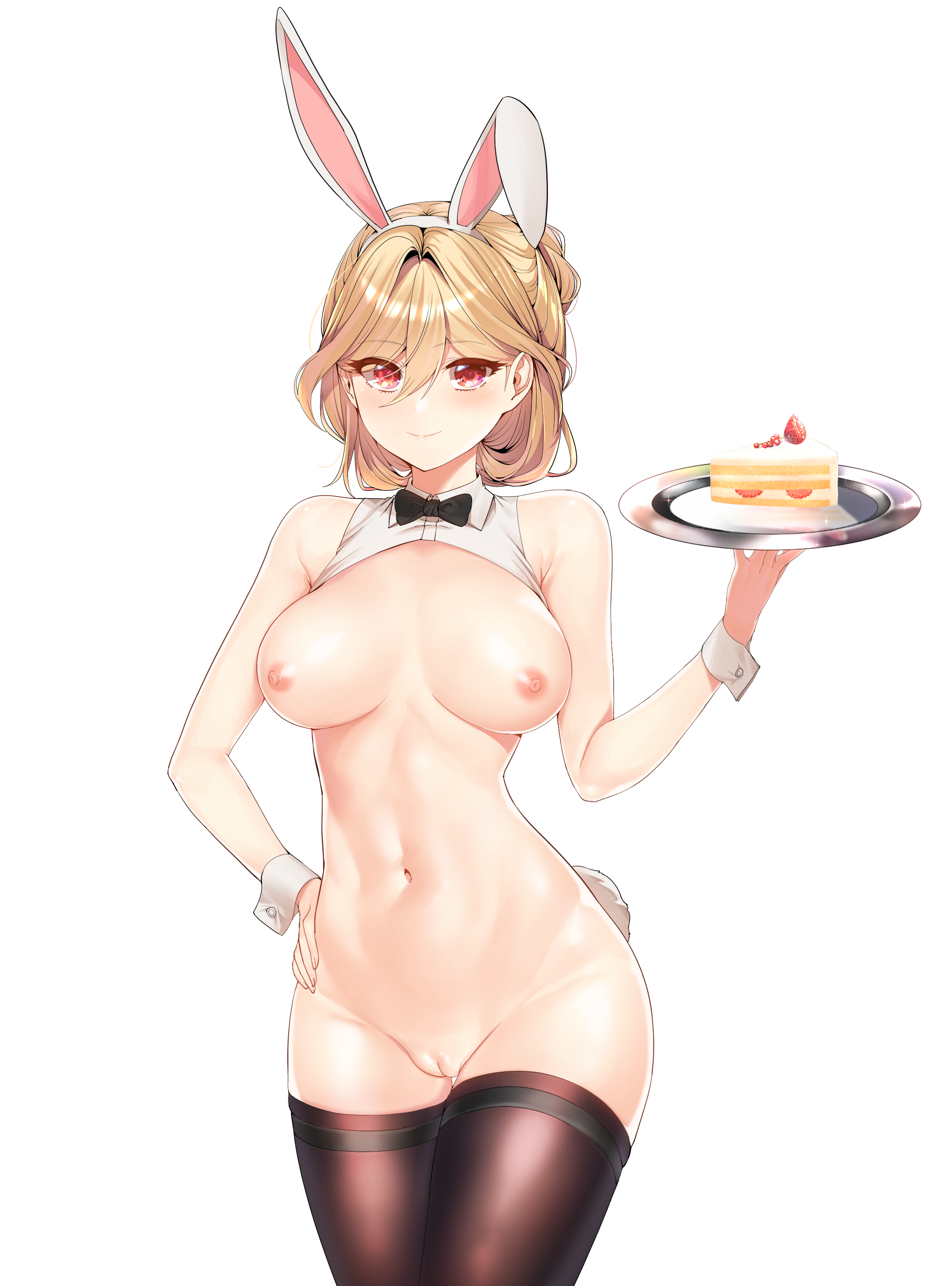 1girls, alpha channel, animal ears, bottomless, breasts, breasts out, bunny ears, bunny girl, cake, dessert, dungeon and fighter, dungeon fighter online, exposed breasts, female, female only, food, nipples, no bra, plate, png, pussy, skulllee, solo, strawberry, tail, thighhighs, transparent background, transparent png, uncensored, waitress
