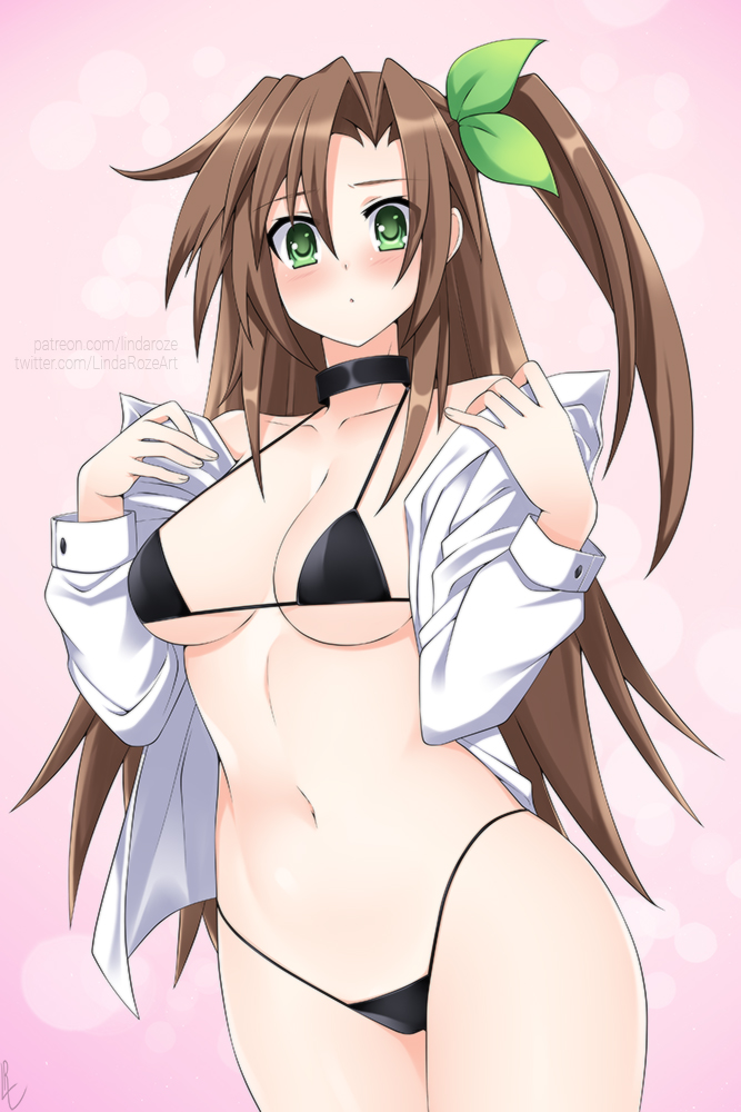 1girls, bikini, black bikini, breasts, brown hair, female, green eyes, if (neptunia), lindaroze, neptunia (series), older, solo, swimsuit
