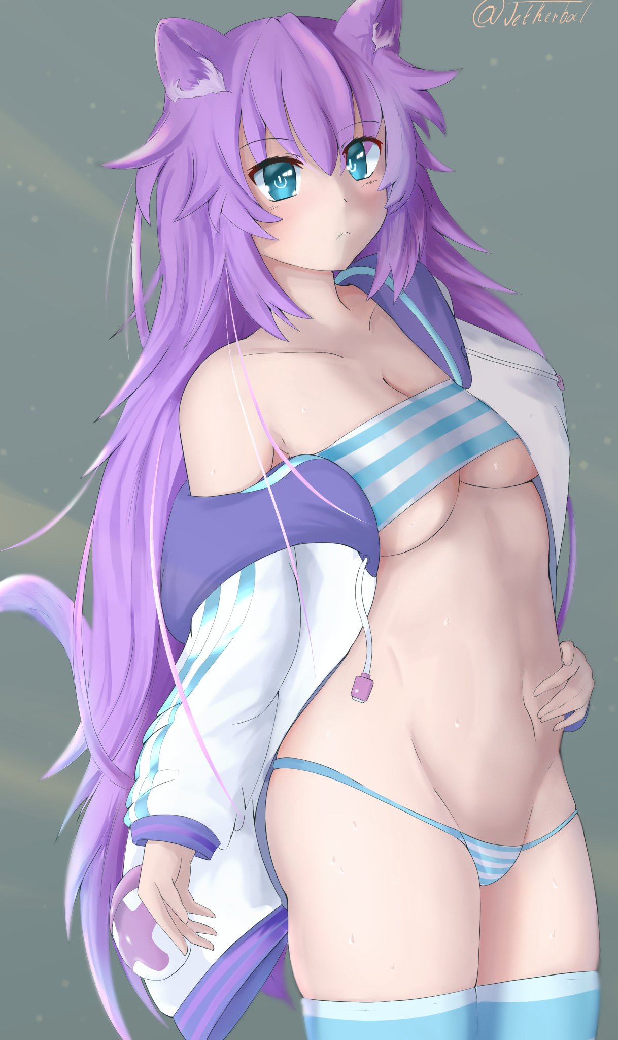 1girls animal_ears blue_eyes cat_ears cpu_(neptunia) female female_only goddess hoodie jetkerbal long_hair neptune_(neptunia) neptunia_(series) power_symbol-shaped_pupils purple_hair purple_heart_(neptunia) small_clothes striped_panties thighhighs thighs underwear