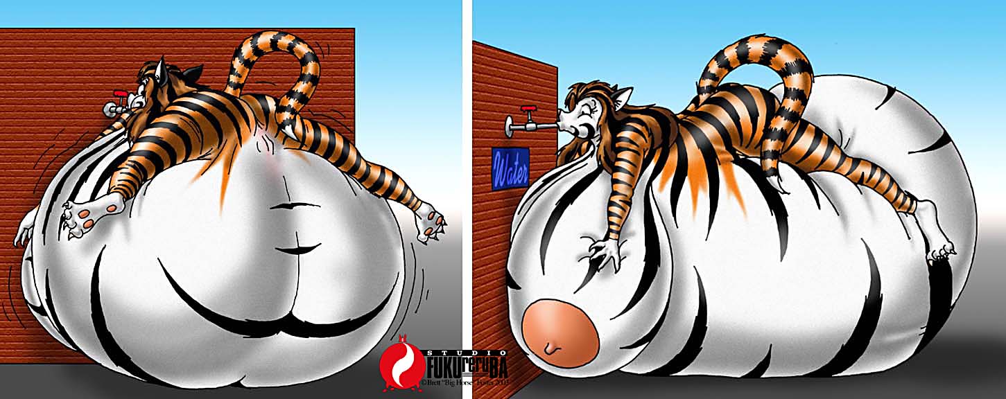 anthro big_breasts big_horse breasts comic drinking felid female full full_body_inflation fur fuusenroba genitals hair inflation mammal nipples nude outside pantherine pussy ready_to_pop simple_background solo spherical_inflation stuck tiger umi_(big_horse) water water_inflation