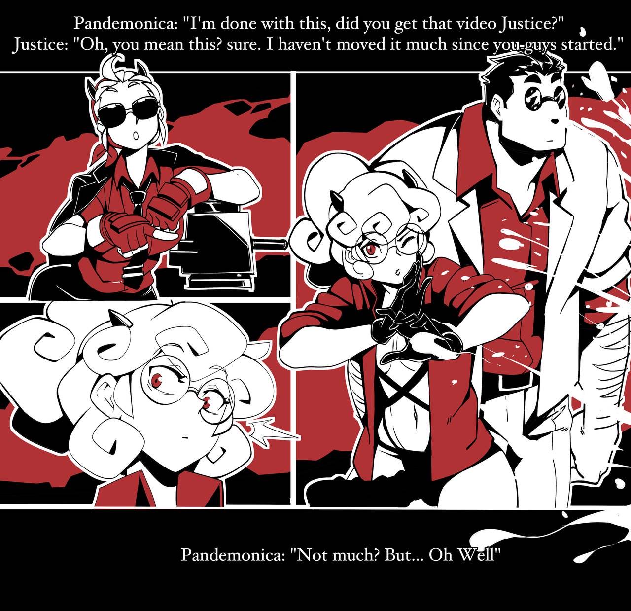 2girls, blush, comic, comic page, cum, cum explosion, dialogue, female, gloves, halo, helltaker, helltaker (character), justice (helltaker), male, muscular, muscular male, nervous, nervous sweat, nisego, offscreen character, pandemonica (helltaker), panties aside, partially clothed, spiked dildo, strap-on, strapon, sunglasses, tinted eyewear