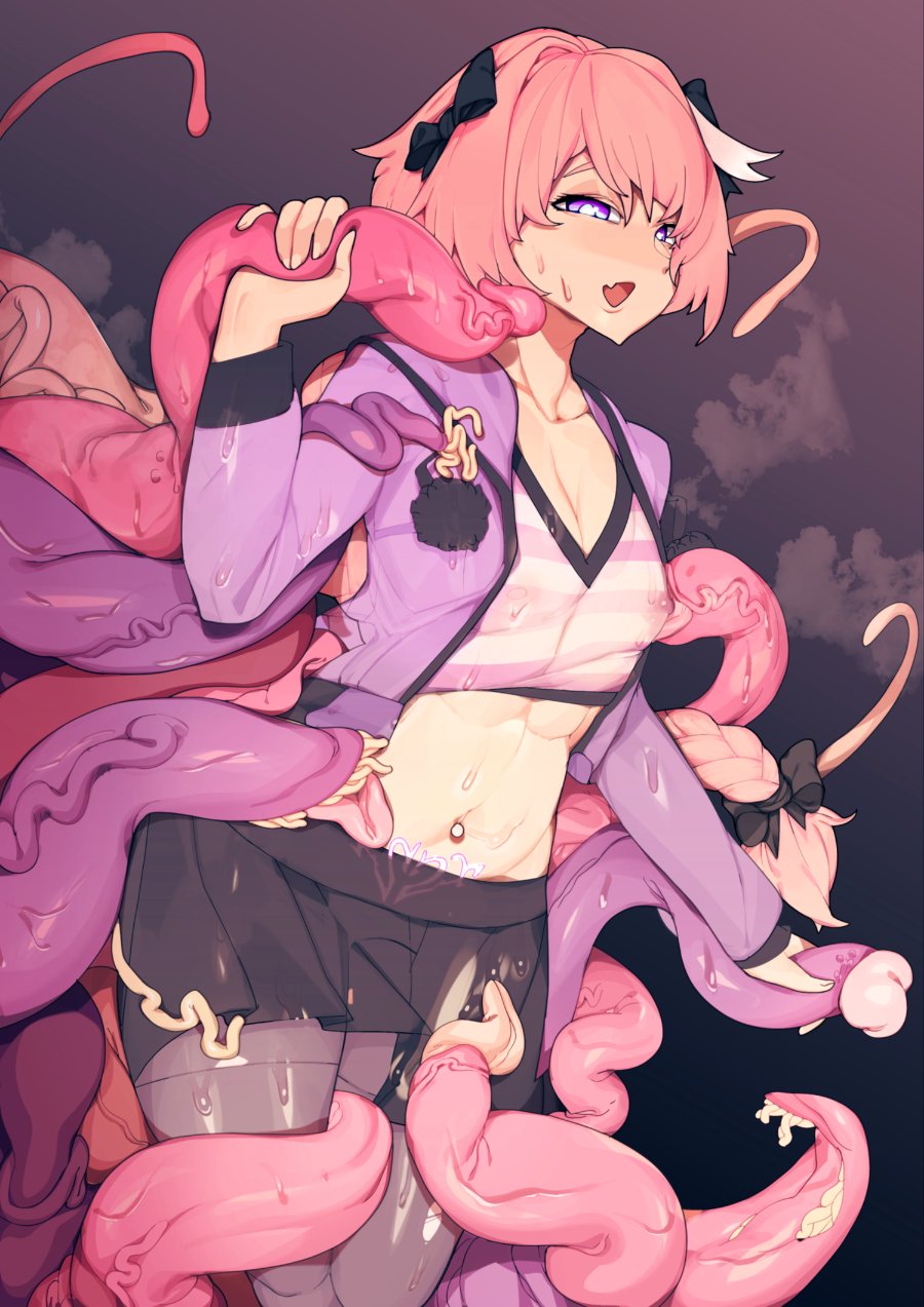 1boy, astolfo (fate), bodily fluids, braid, fate (series), fate/apocrypha, fate/grand order, femboy, girly, hair ribbon, imminent tentacle rape, long hair, looking down, male, male only, navel piercing, nipples visible through clothing, oujuo1, pantyhose, penis, pink hair, pubic tattoo, purple eyes, skirt, solo, solo male, tattoo, tentacle, tentacle grab, tentacle on male, tentacle penis, tentacles on male