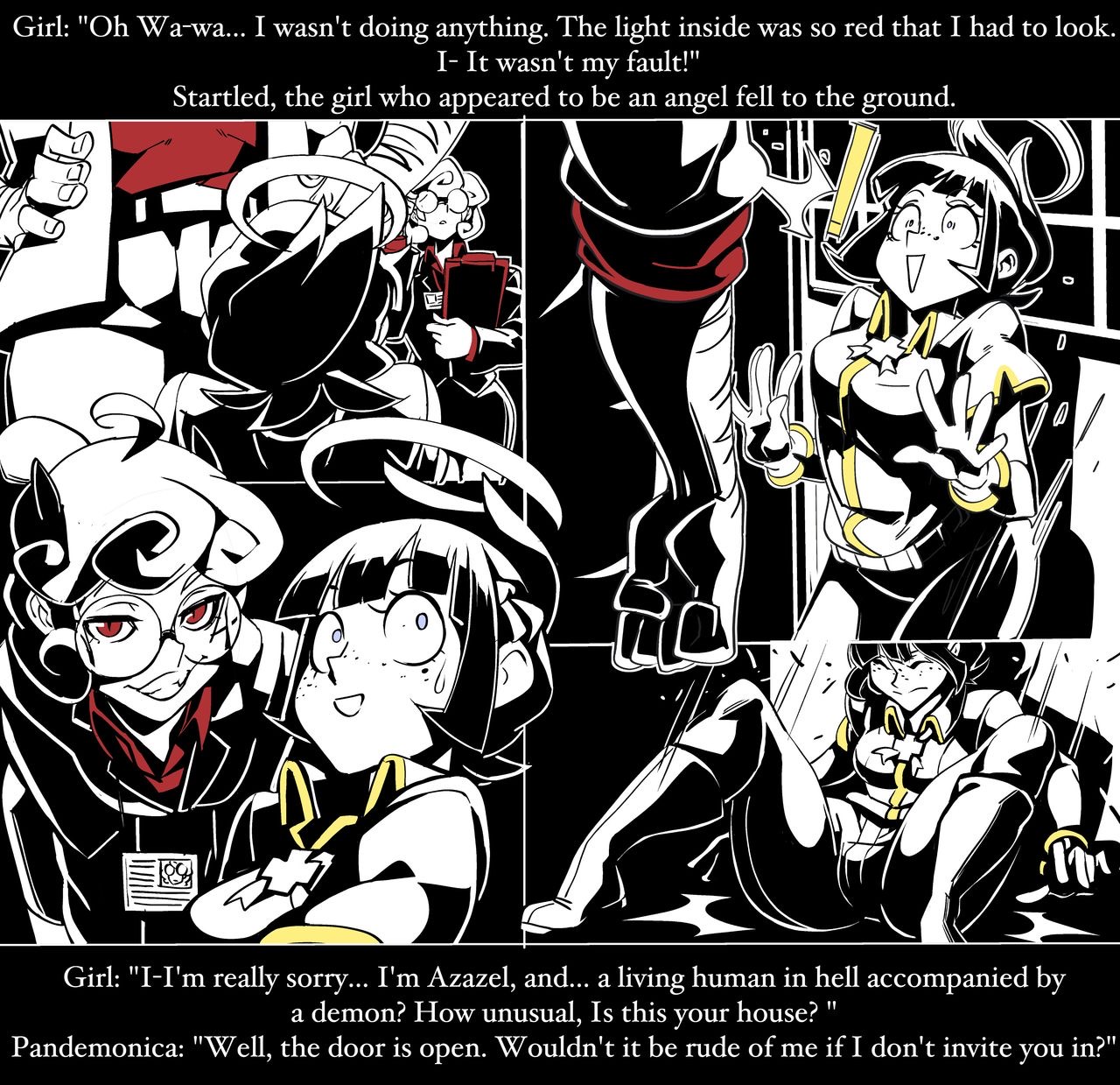 1boy, 2girls, azazel (helltaker), blue eyes, clipboard, comic, comic page, dialogue, english text, evil grin, female, glasses, halo, hand on shoulder, helltaker, helltaker (character), male, muscular, muscular male, nervous, nervous smile, nervous sweat, nisego, pandemonica (helltaker), sunglasses, surprised expression