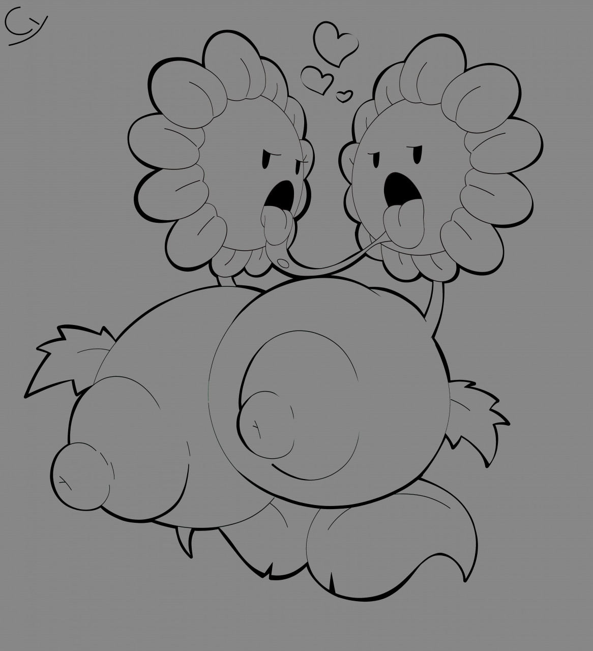 areolae, ball with hyper features, big breasts, breasts, busty fauna, cleavage, conjoined, cyanu, female, female focus, female only, greyscale, heart, hyper breasts, kissing, large breasts, leaves, lesbian, lustful gaze, nipples, nude, plant, plants vs zombies, popcap games, saliva, saliva trail, selfcest, sunflower (pvz), tongue, twin sunflower (pvz), yuri