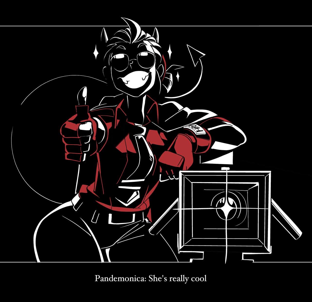 comic, comic page, dialogue, english text, female, gloves, helltaker, justice (helltaker), nisego, silhouette, solo focus, sparkles, sunglasses, thumbs up, tie, tinted eyewear