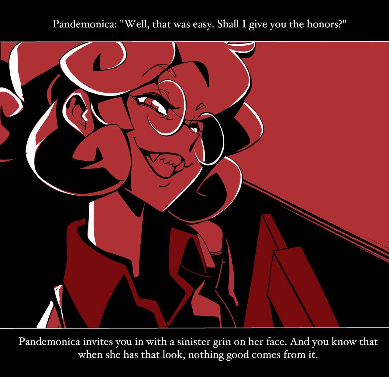 1girls, clipboard, comic, comic page, dialogue, english text, evil grin, evil smile, female, glasses, halo, helltaker, inviting, nisego, pandemonica (helltaker), red eyes, smile