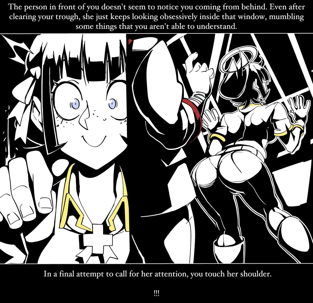 1boy, 2girls, azazel (helltaker), blue eyes, comic, comic page, dialogue, english text, female, glasses, halo, hand on shoulder, helltaker, helltaker (character), male, muscular, muscular male, nisego, pandemonica (helltaker), presenting, presenting hindquarters, sunglasses, surprised expression, you gonna get raped