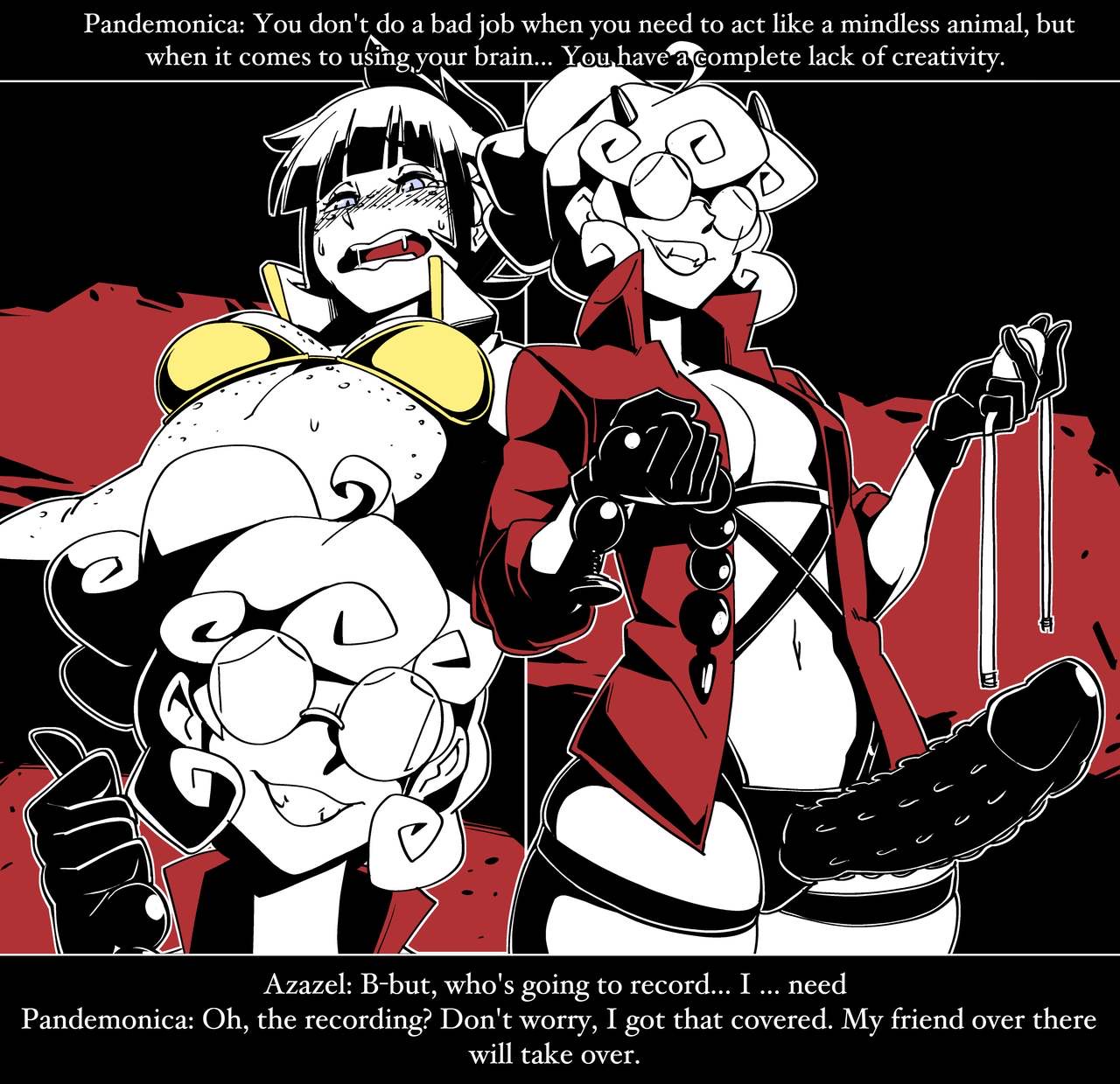 2girls, anal beads, angel, azazel (helltaker), blue eyes, blush, bound, bound wrists, bra, clothed, comic, comic page, demon, detailed background, dialogue, english text, evil grin, female, freckles, gag, glasses, halo, helltaker, midriff, multiple females, multiple girls, muscular, nisego, pandemonica (helltaker), ripped clothing, sex toy, size difference, spiked dildo, strap-on, strapon, sunglasses, sweat, tinted eyewear, yuri