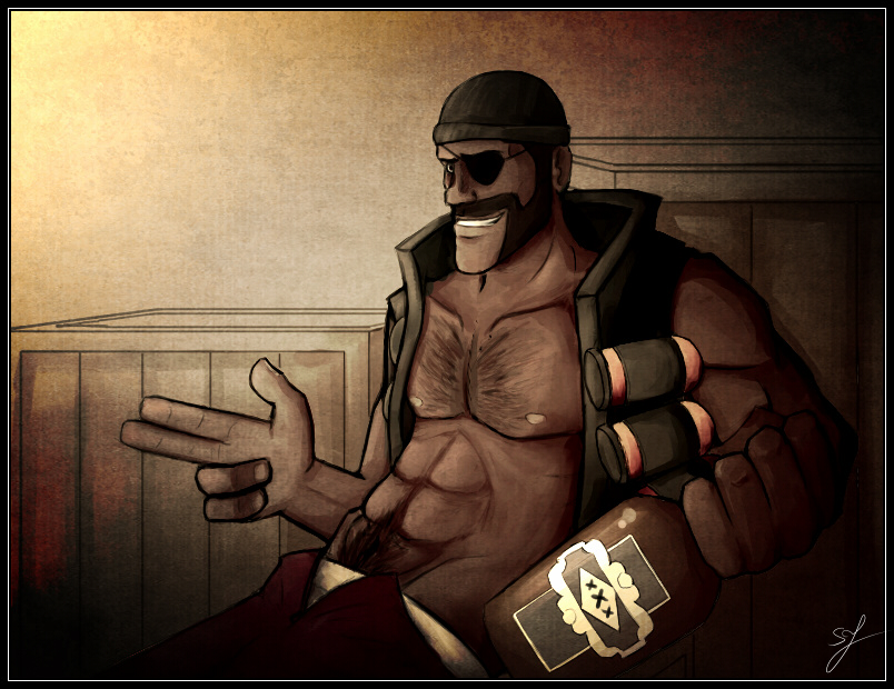 1boy abs barely_clothed beard bottle crates dark-skinned_male dark_skin demoman drunk exposed_nipples eyepatch facial_hair grin liquor male male_focus male_only menaria muscular muscular_male nipples open_jacket pecs scrumpy signature solo_male tagme team_fortress_2 underwear valve