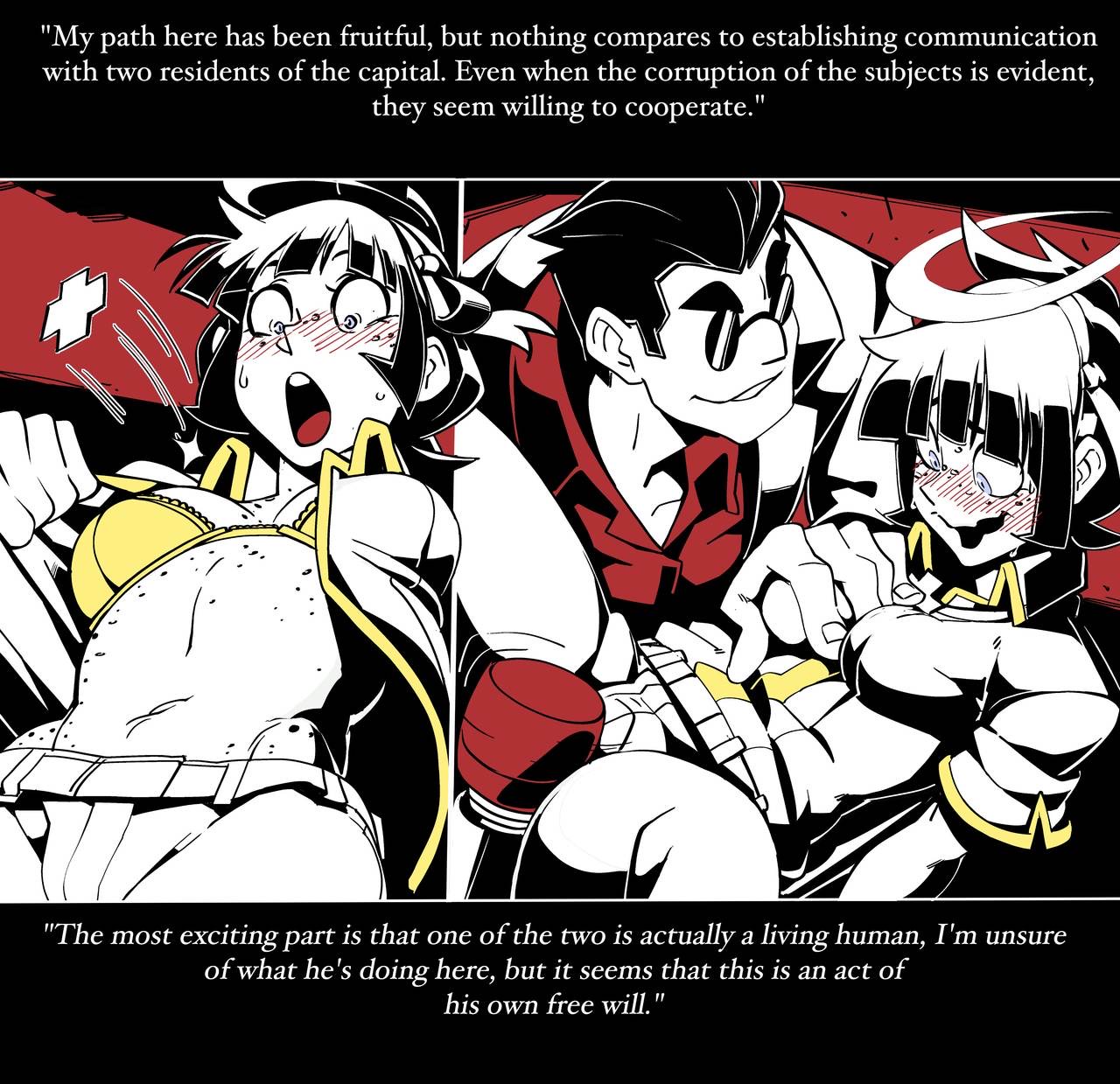 1boy, 1girls, angel, azazel (helltaker), blue eyes, blush, bound, bound wrists, bra, breast grab, breasts, cameltoe, camera, chains, clothed, comic, comic page, detailed background, english text, evil grin, female, freckles, glasses, halo, helltaker, helltaker (character), human, indoors, larger male, male, midriff, moaning, muscular, muscular male, nervous, nisego, pussy, ripped clothing, sex toy, size difference, small breasts, sunglasses, sweat, vibrator