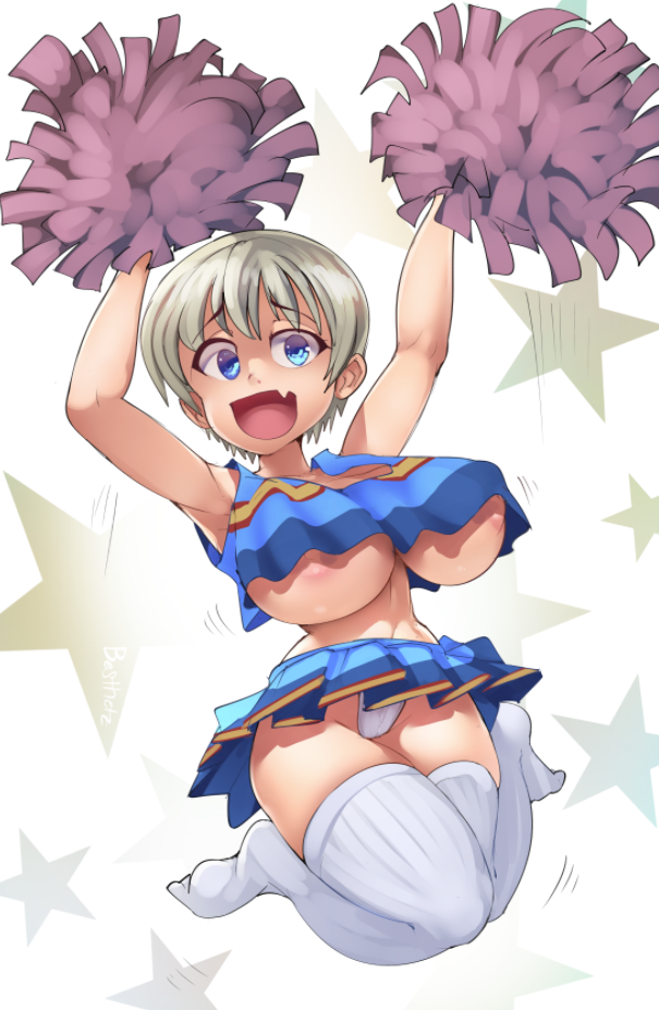 1girls accidental_exposure areola_slip areolae arms_up besthetz blue_eyes breasts cheerleader cheerleader_uniform crop_top cute_fang eyebrows_visible_through_hair female female_only grey_hair jumping large_breasts miniskirt nipple_slip nipples no_bra open_mouth panties pantyshot pom_poms short_hair skirt sleeveless smile socks solo solo_female tagme thighhighs underboob uzaki-chan_wa_asobitai! uzaki_hana very_short_hair white_panties white_socks white_thighhighs