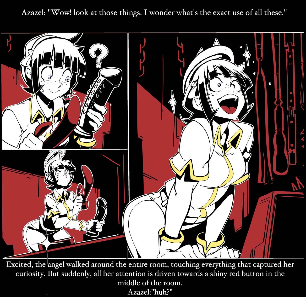 1girls, azazel (helltaker), bdsm gear, blue eyes, chains, comic, comic page, detailed background, dialogue, dildo, english text, female, glasses, halo, helltaker, indoors, nisego, question mark, sex toy, whip